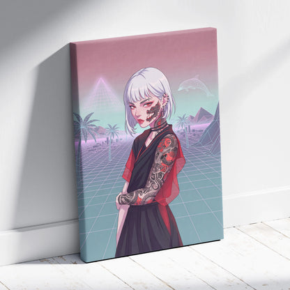 Vaporwave Neon Portrait Canvas - Female Vaporwave Character Neon Pink Teal Bedroom Decor Dreamy Retro Futurism Canvas