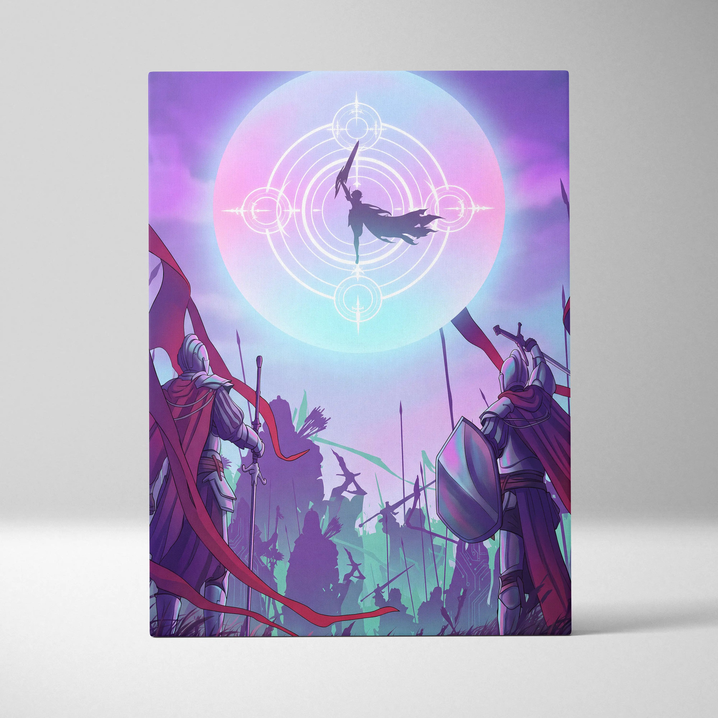 Vaporwave Neon Fantasy Canvas - Medieval Knight Neon Pink Vaporwave Living Room Epic Retro Futurism Fantasy Art Canvas