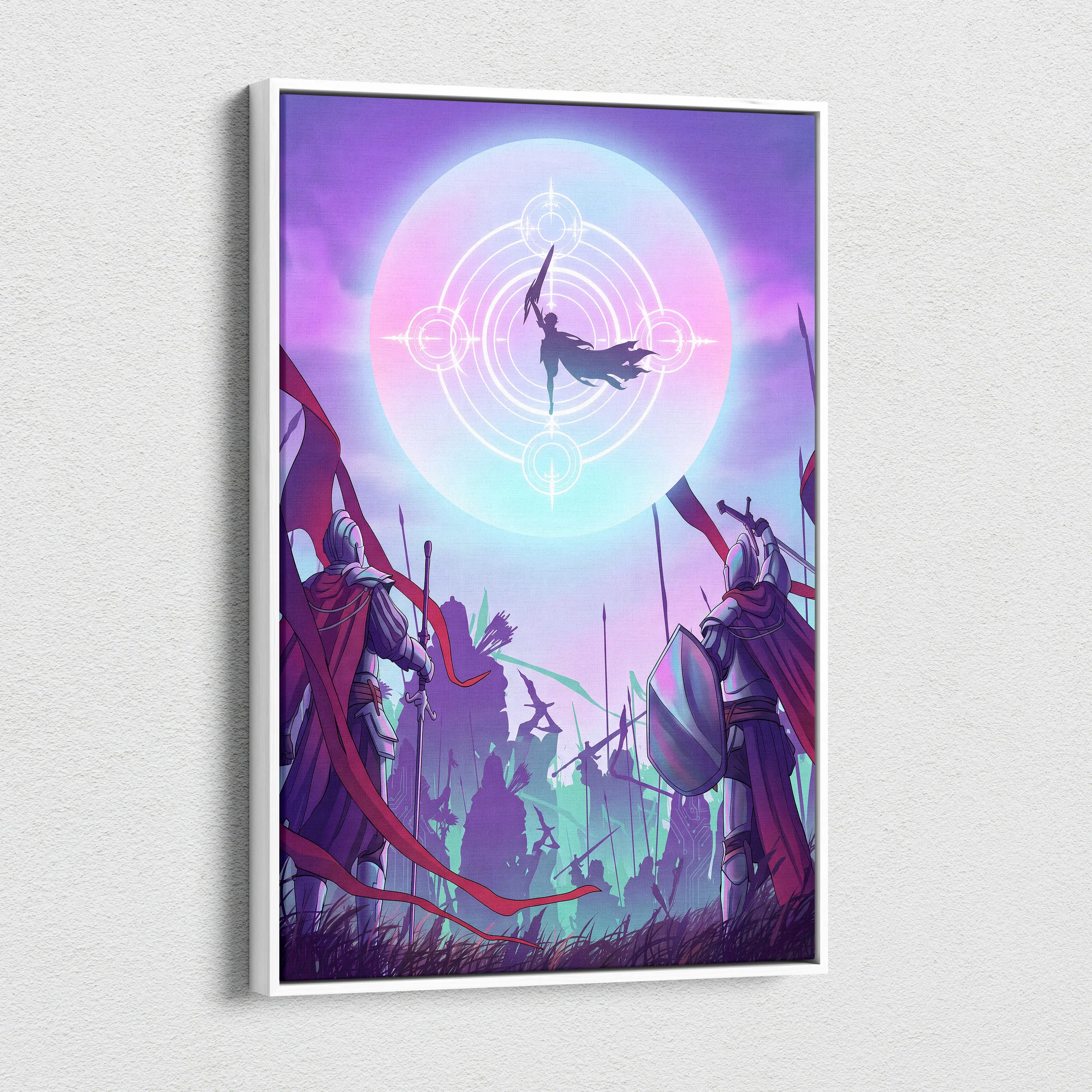 Vaporwave Neon Fantasy Canvas - Medieval Knight Neon Pink Vaporwave Living Room Epic Retro Futurism Fantasy Art Canvas