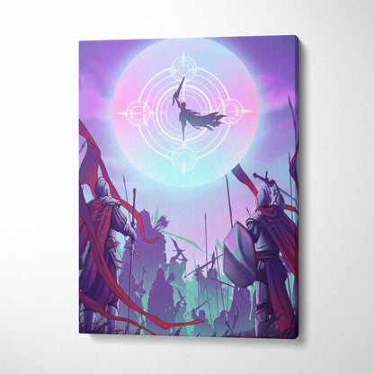 Vaporwave Neon Fantasy Canvas - Medieval Knight Neon Pink Vaporwave Living Room Epic Retro Futurism Fantasy Art Canvas