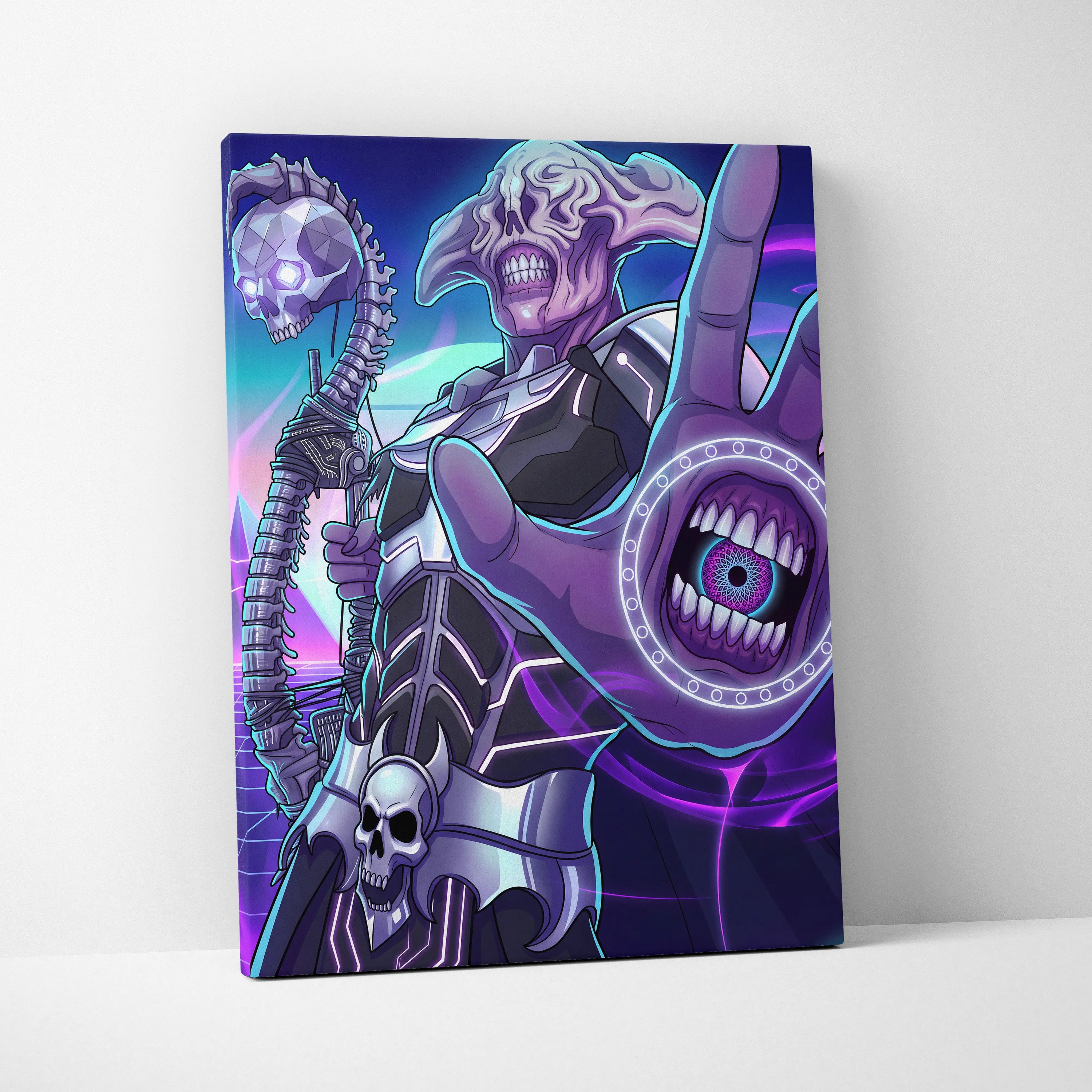 Vaporwave Skull Nebula Art - Skull Neon Purple Blue Living Room Vaporwave Mood Dreamlike Futurism Neon Celestial Canvas