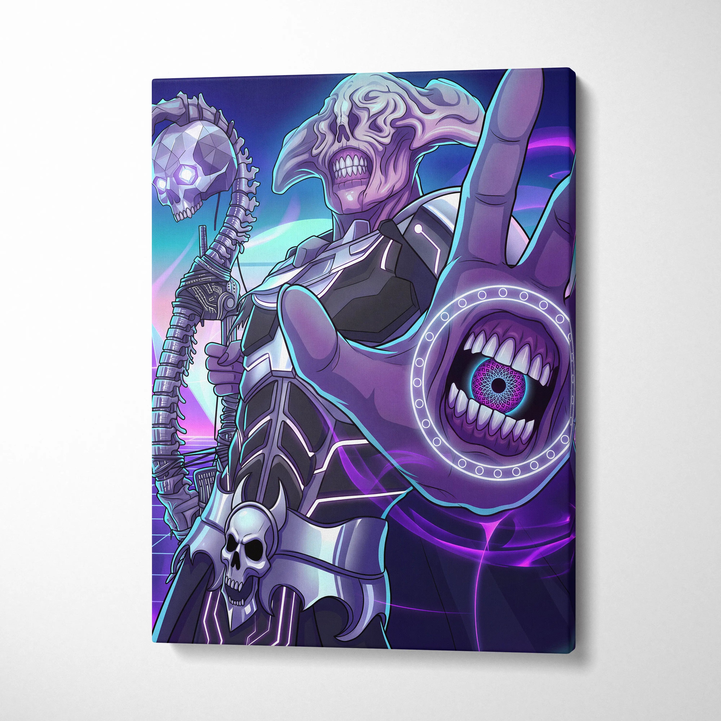 Vaporwave Skull Nebula Art - Skull Neon Purple Blue Living Room Vaporwave Mood Dreamlike Futurism Neon Celestial Canvas
