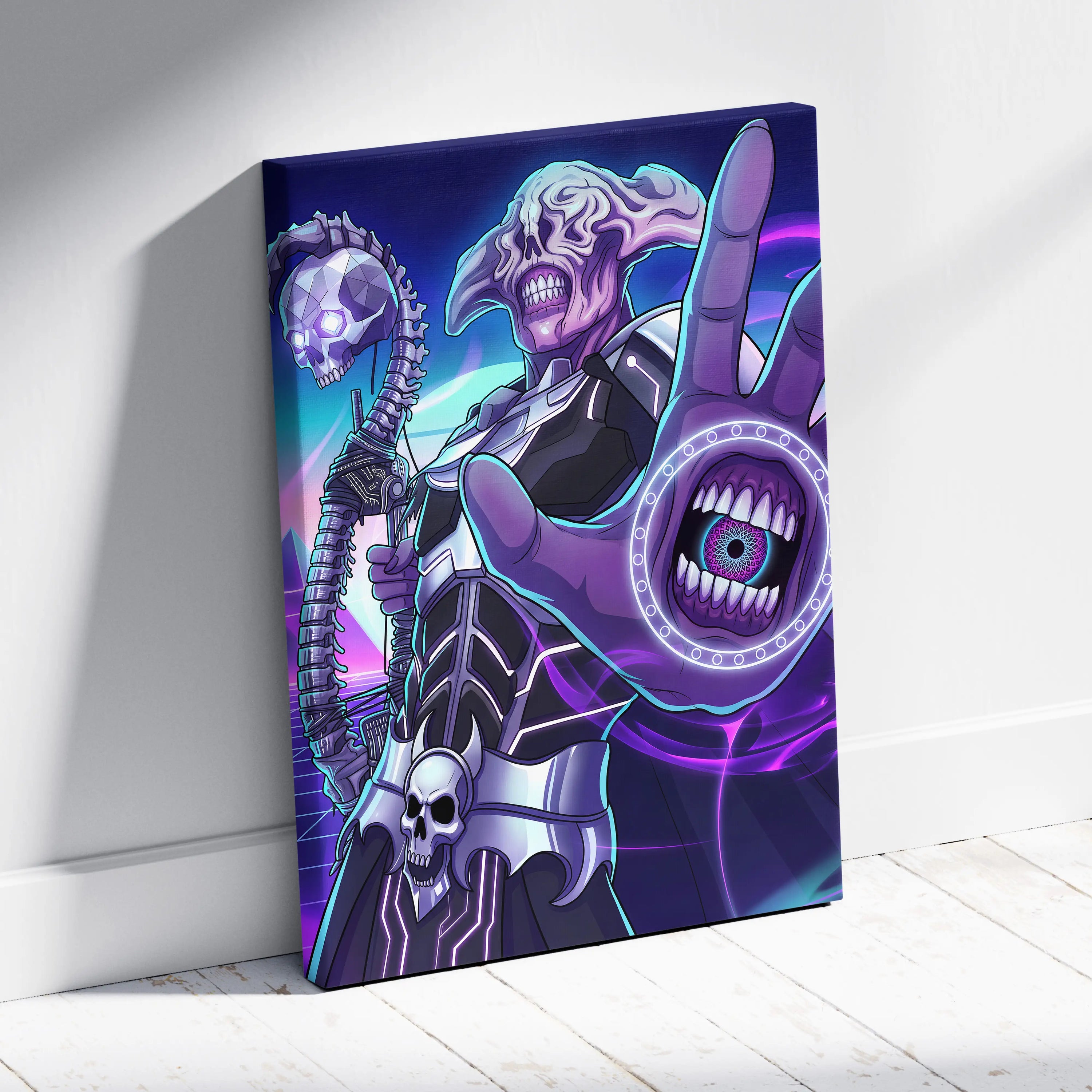 Vaporwave Skull Nebula Art - Skull Neon Purple Blue Living Room Vaporwave Mood Dreamlike Futurism Neon Celestial Canvas