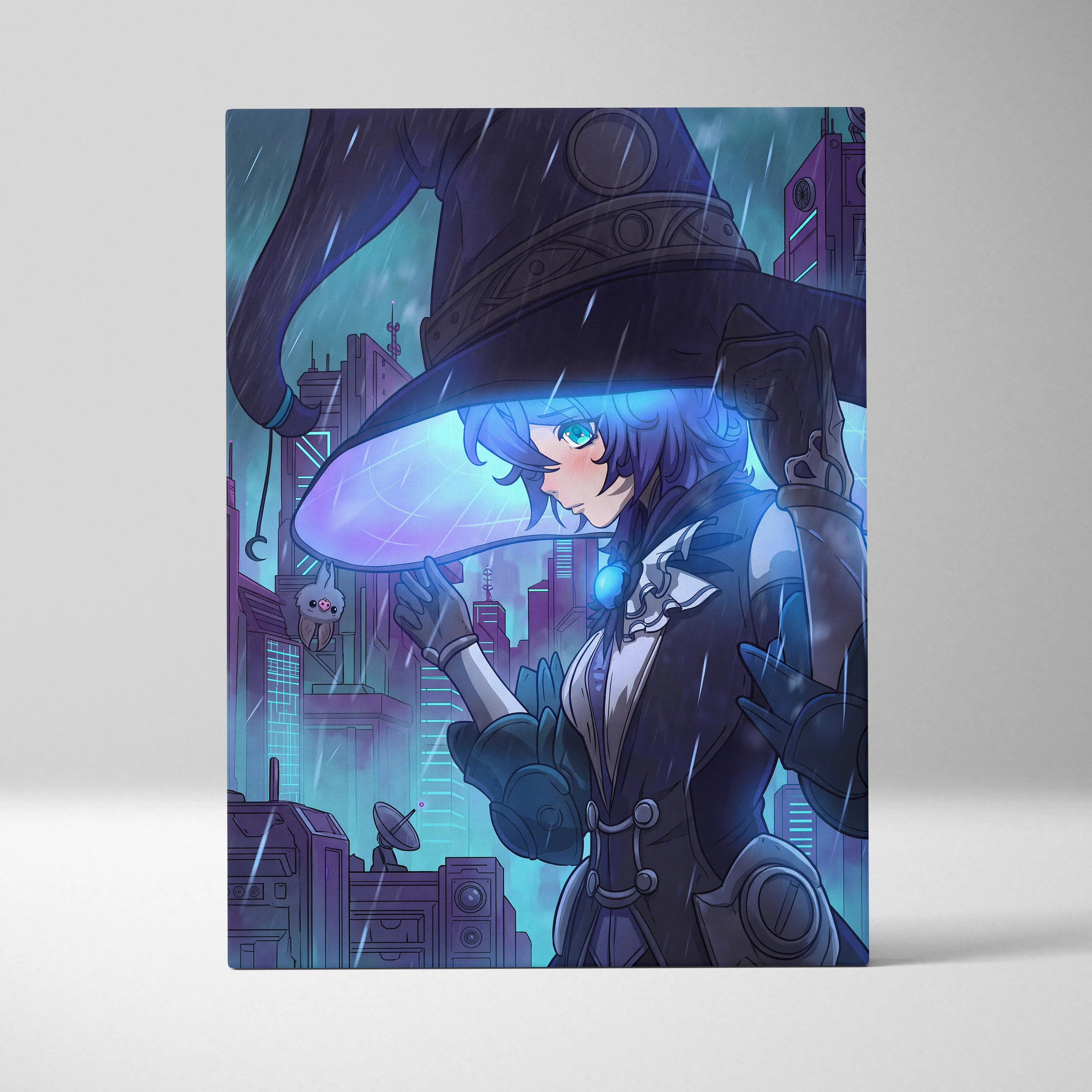 Neon Vaporwave Dream Portrait - Girl Neon Blues Purple, Bedroom Decor, Vaporwave Dream Mood, Retro Futurism Canvas