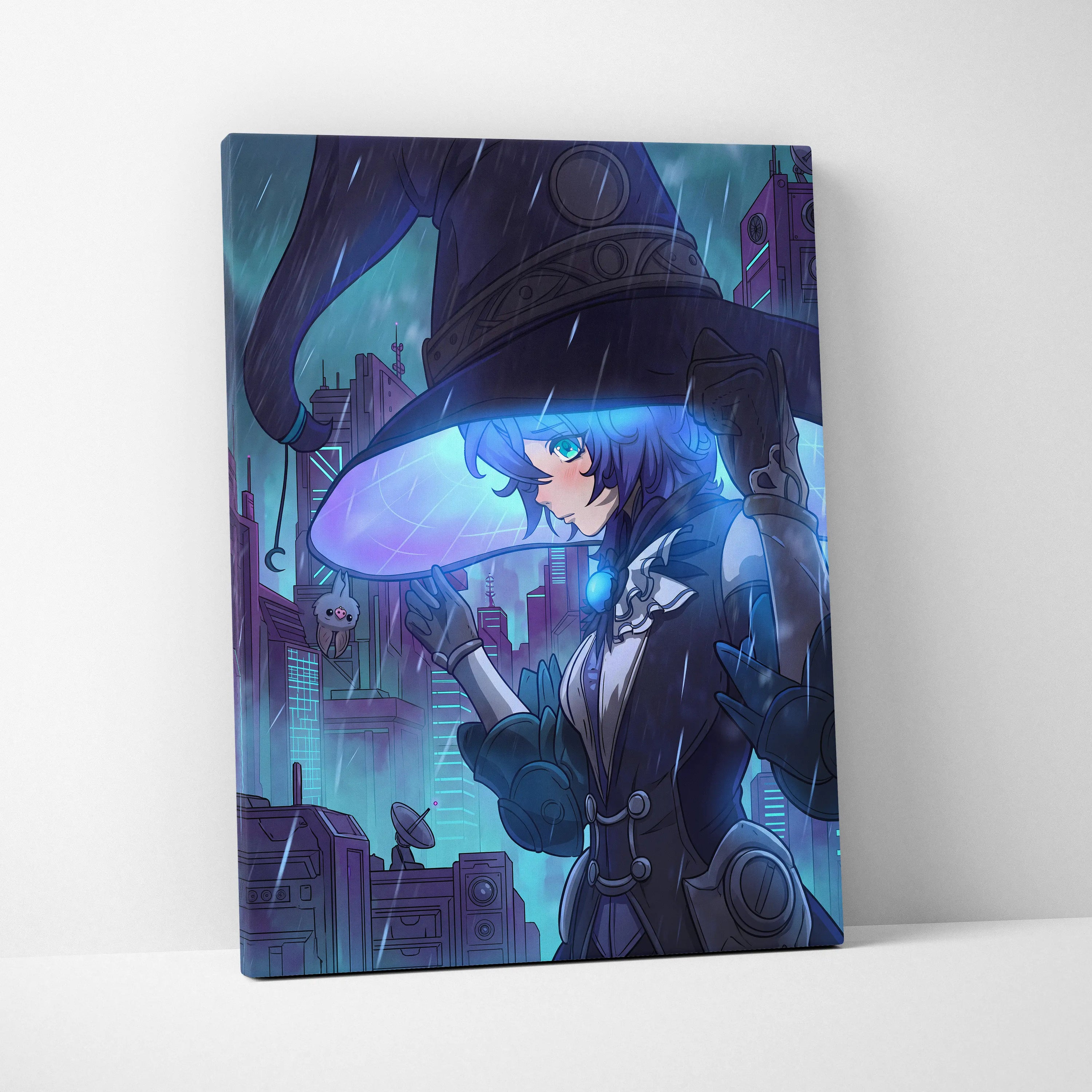 Neon Vaporwave Dream Portrait - Girl Neon Blues Purple, Bedroom Decor, Vaporwave Dream Mood, Retro Futurism Canvas