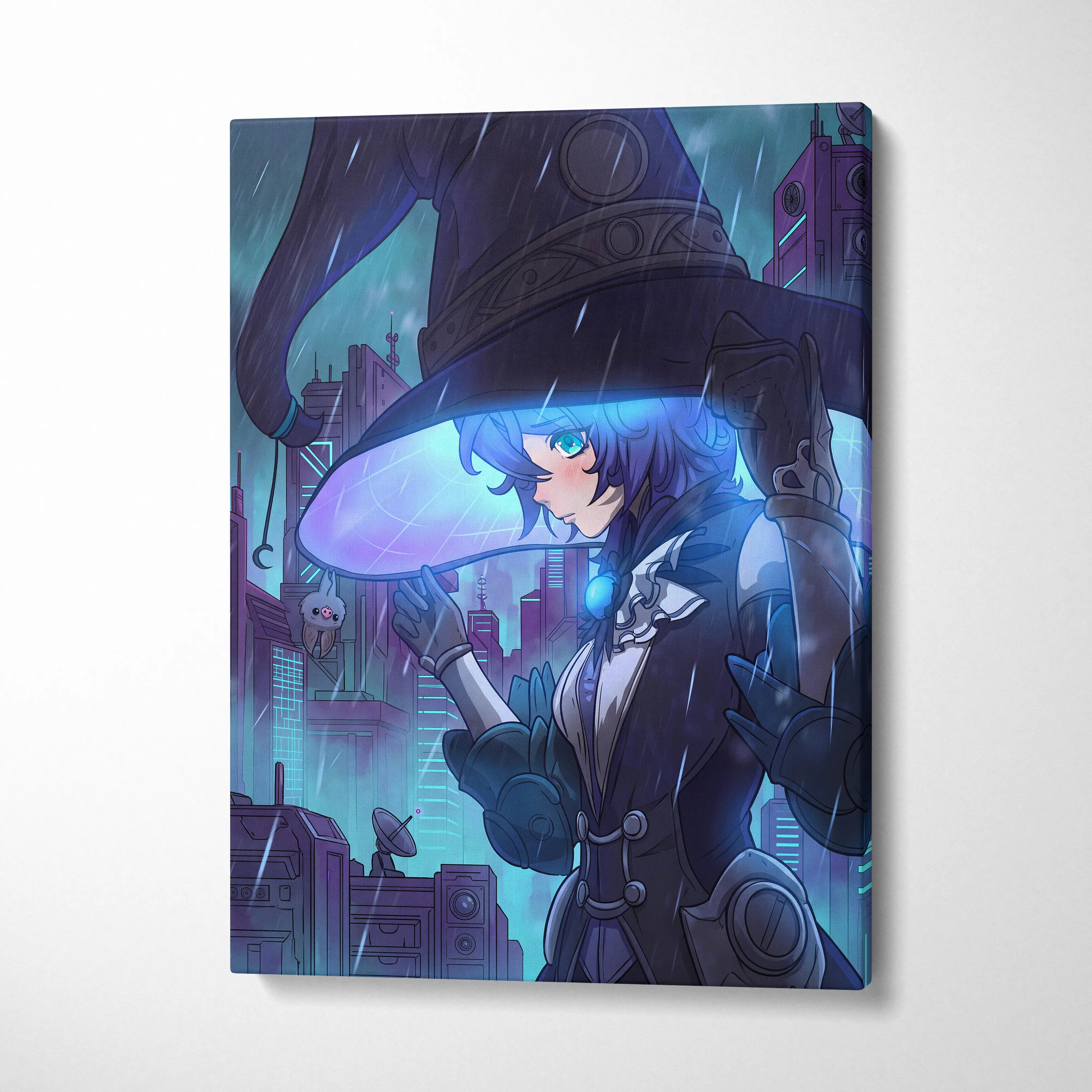 Neon Vaporwave Dream Portrait - Girl Neon Blues Purple, Bedroom Decor, Vaporwave Dream Mood, Retro Futurism Canvas