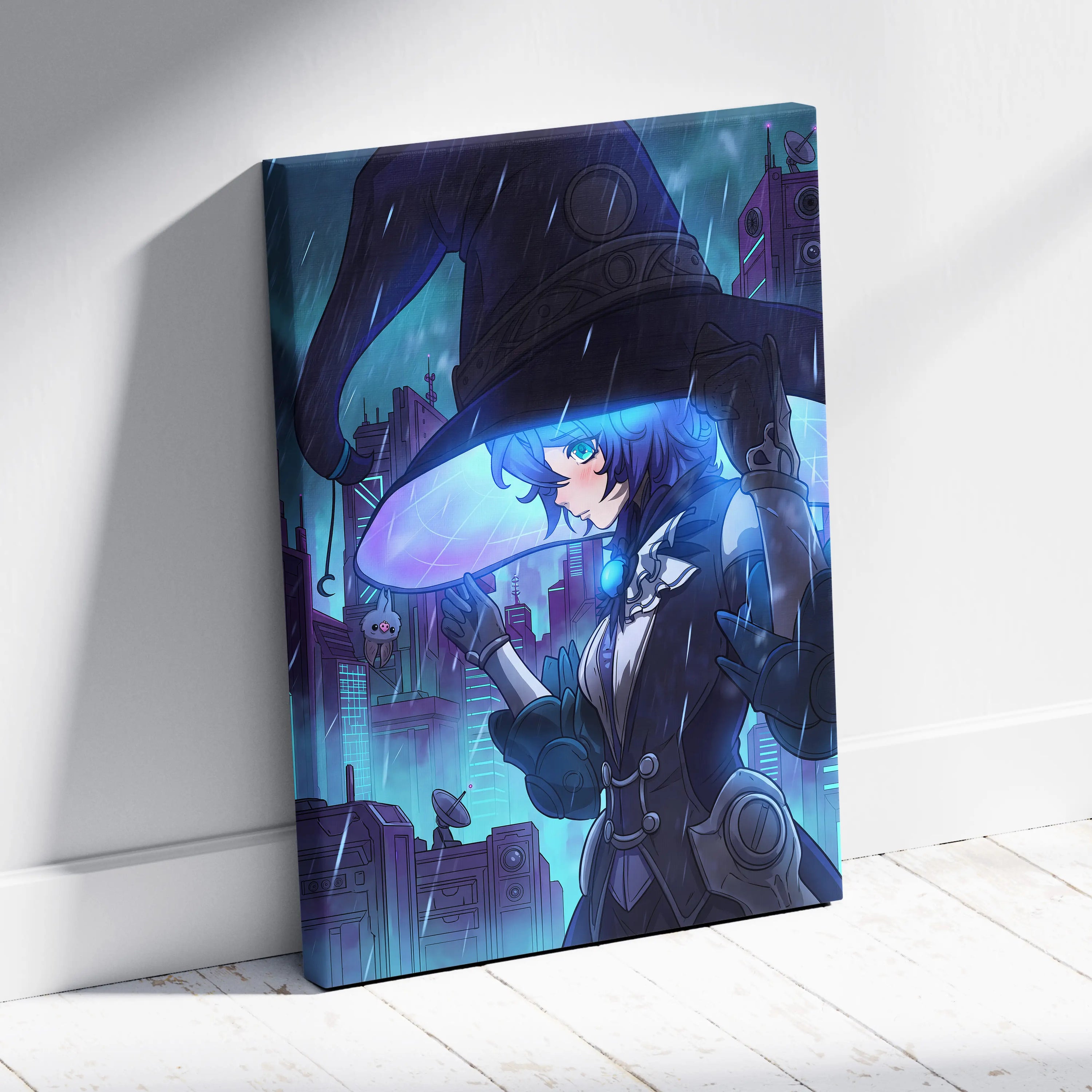Neon Vaporwave Dream Portrait - Girl Neon Blues Purple, Bedroom Decor, Vaporwave Dream Mood, Retro Futurism Canvas
