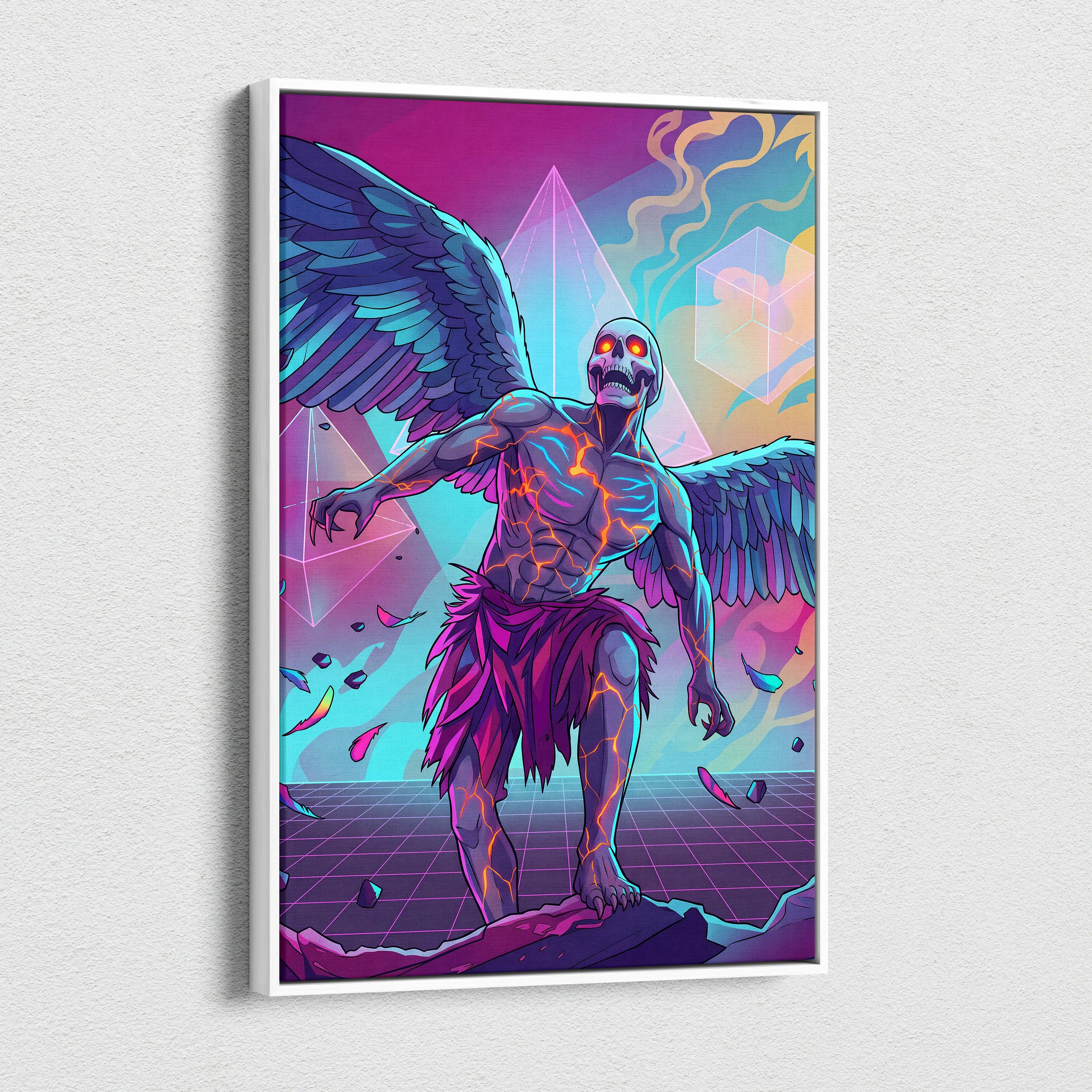 Vaporwave Neon Mirage Canvas - Winged Skeleton Neon Colors For Living Room Vaporwave Moody Surreal Canvas