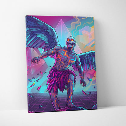 Vaporwave Neon Mirage Canvas - Winged Skeleton Neon Colors For Living Room Vaporwave Moody Surreal Canvas