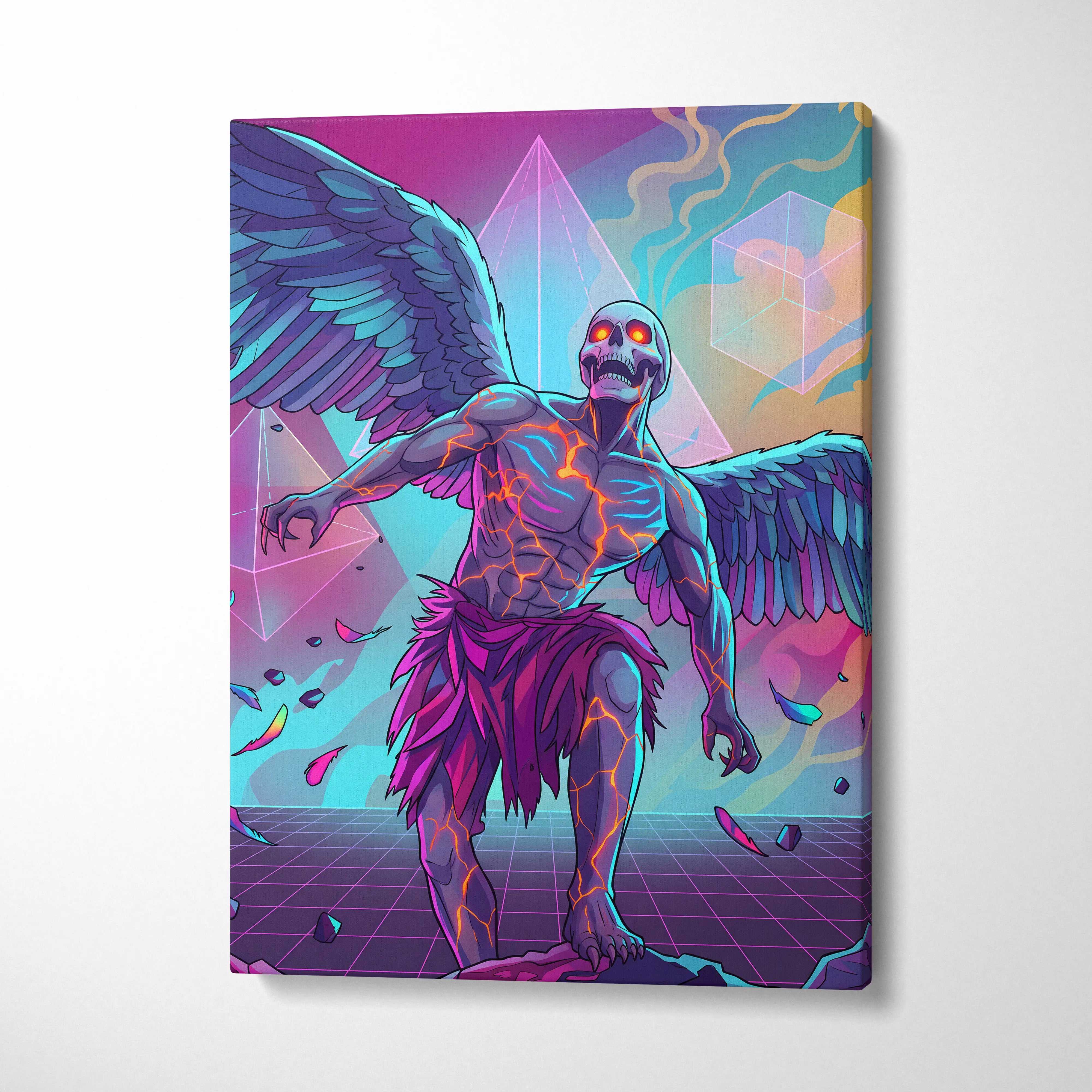 Vaporwave Neon Mirage Canvas - Winged Skeleton Neon Colors For Living Room Vaporwave Moody Surreal Canvas