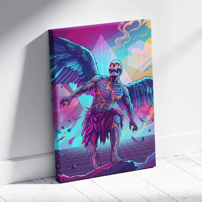 Vaporwave Neon Mirage Canvas - Winged Skeleton Neon Colors For Living Room Vaporwave Moody Surreal Canvas