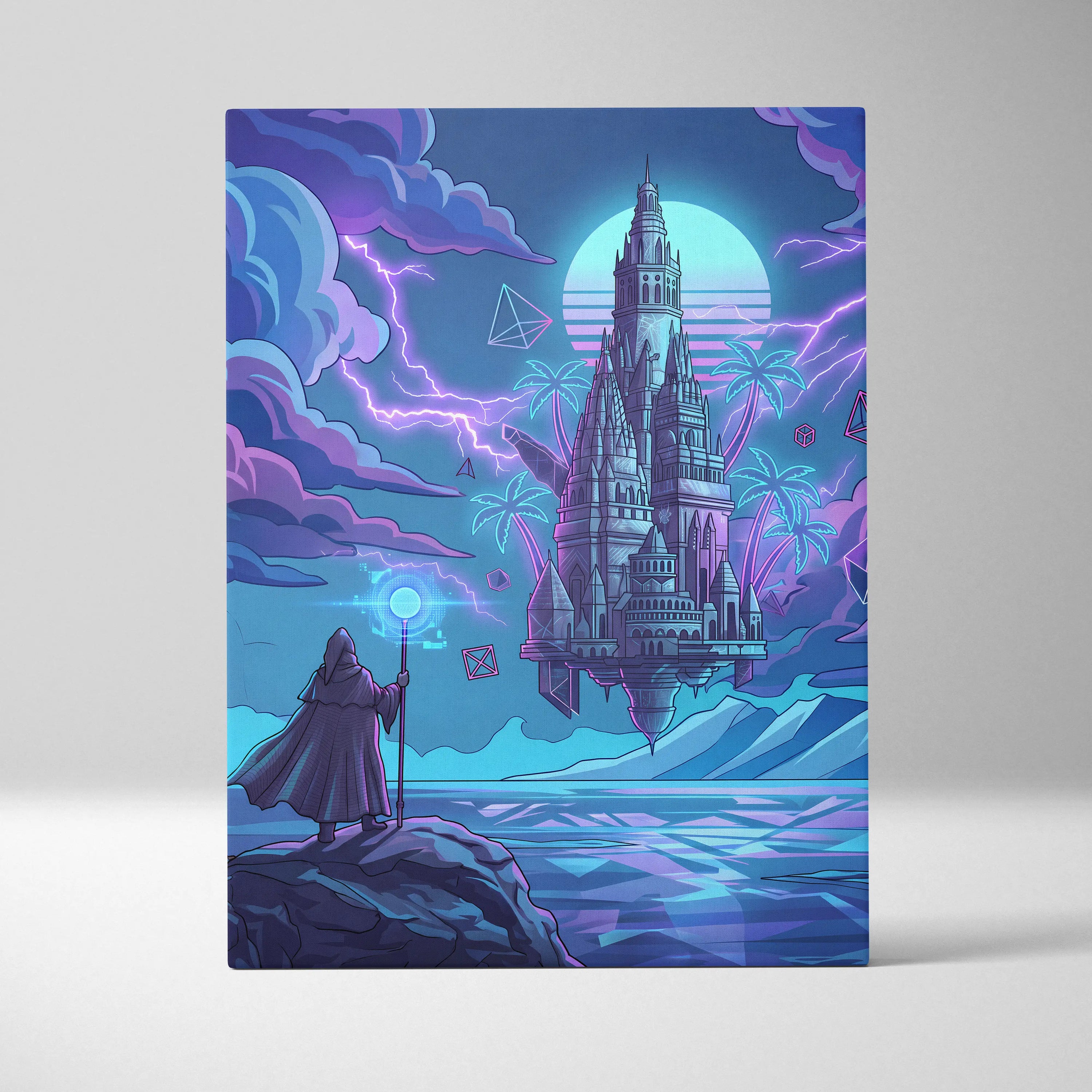 Vaporwave Neon Castle Canvas - Vaporwave Castle Neon Pink Purple Blue Living Room Modern Art Mystical Retro Canvas