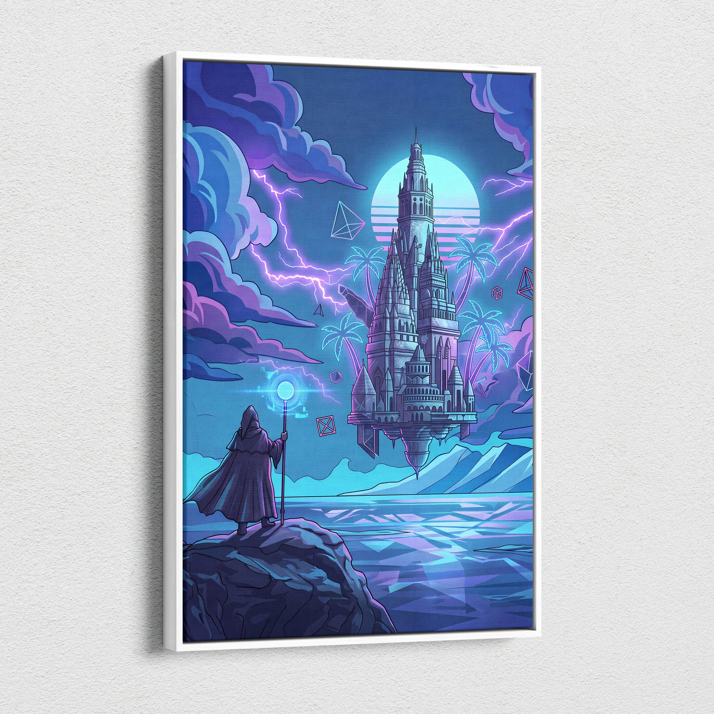 Vaporwave Neon Castle Canvas - Vaporwave Castle Neon Pink Purple Blue Living Room Modern Art Mystical Retro Canvas