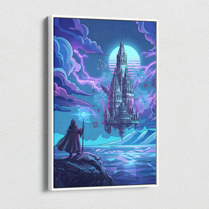 Vaporwave Neon Castle Canvas - Vaporwave Castle Neon Pink Purple Blue Living Room Modern Art Mystical Retro Canvas