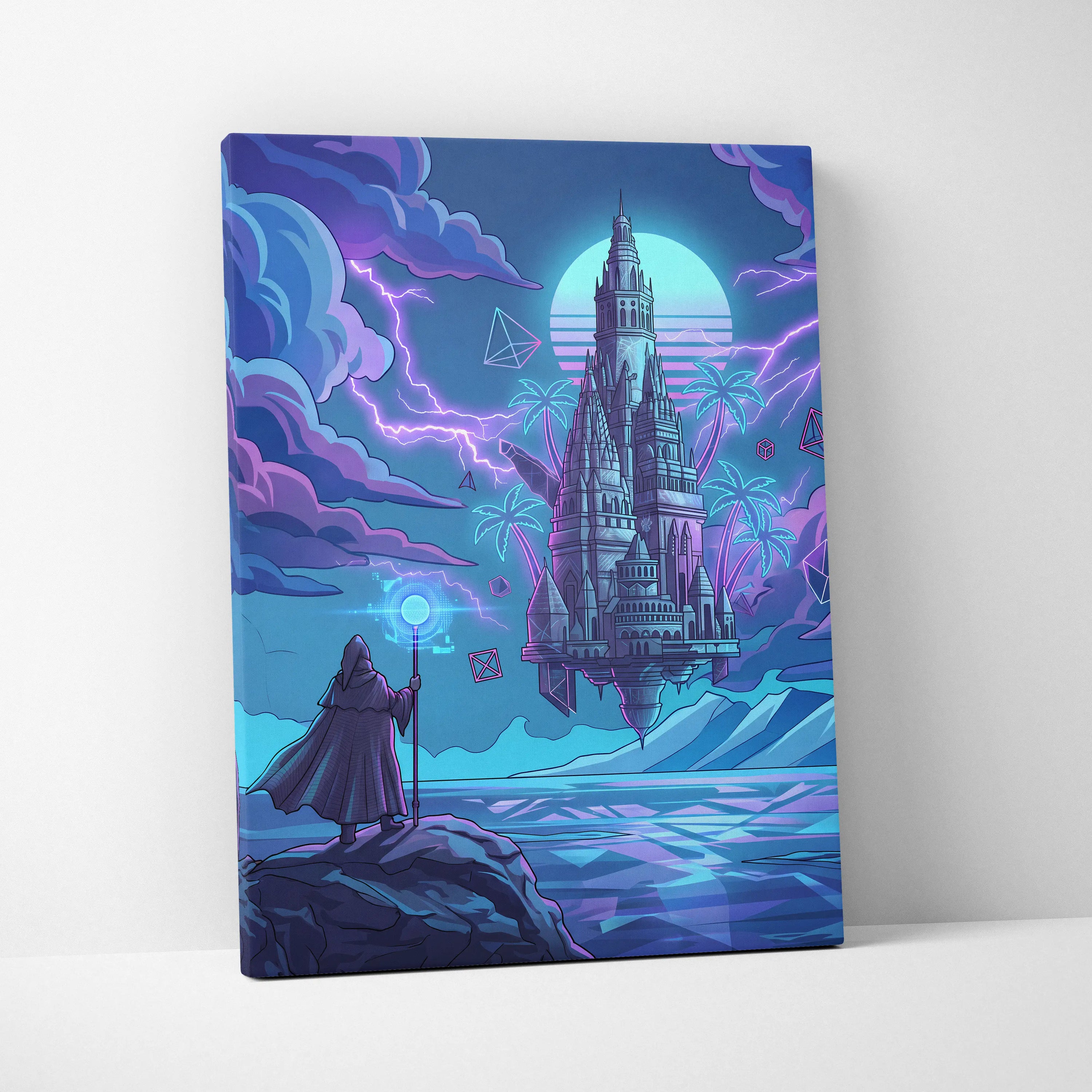 Vaporwave Neon Castle Canvas - Vaporwave Castle Neon Pink Purple Blue Living Room Modern Art Mystical Retro Canvas