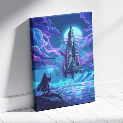 Vaporwave Neon Castle Canvas - Vaporwave Castle Neon Pink Purple Blue Living Room Modern Art Mystical Retro Canvas