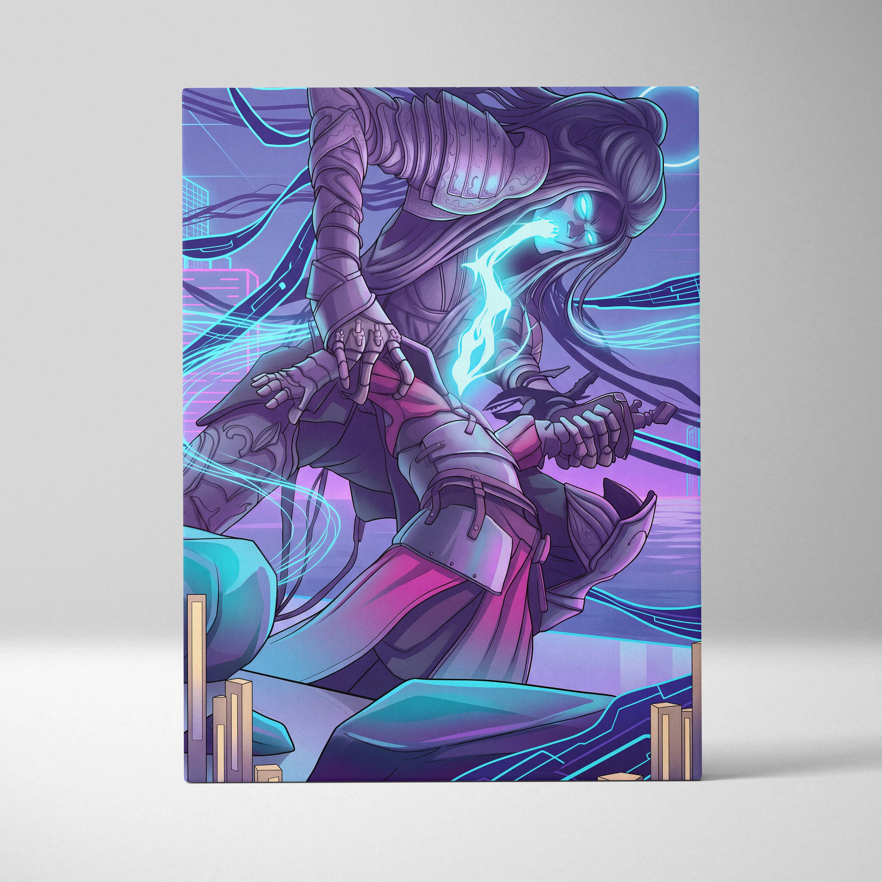 Vaporwave Neon Warrior Canvas - Vaporwave Neon Warrior Purple Cyan Living Room Decor Moody Neon Grid Canvas
