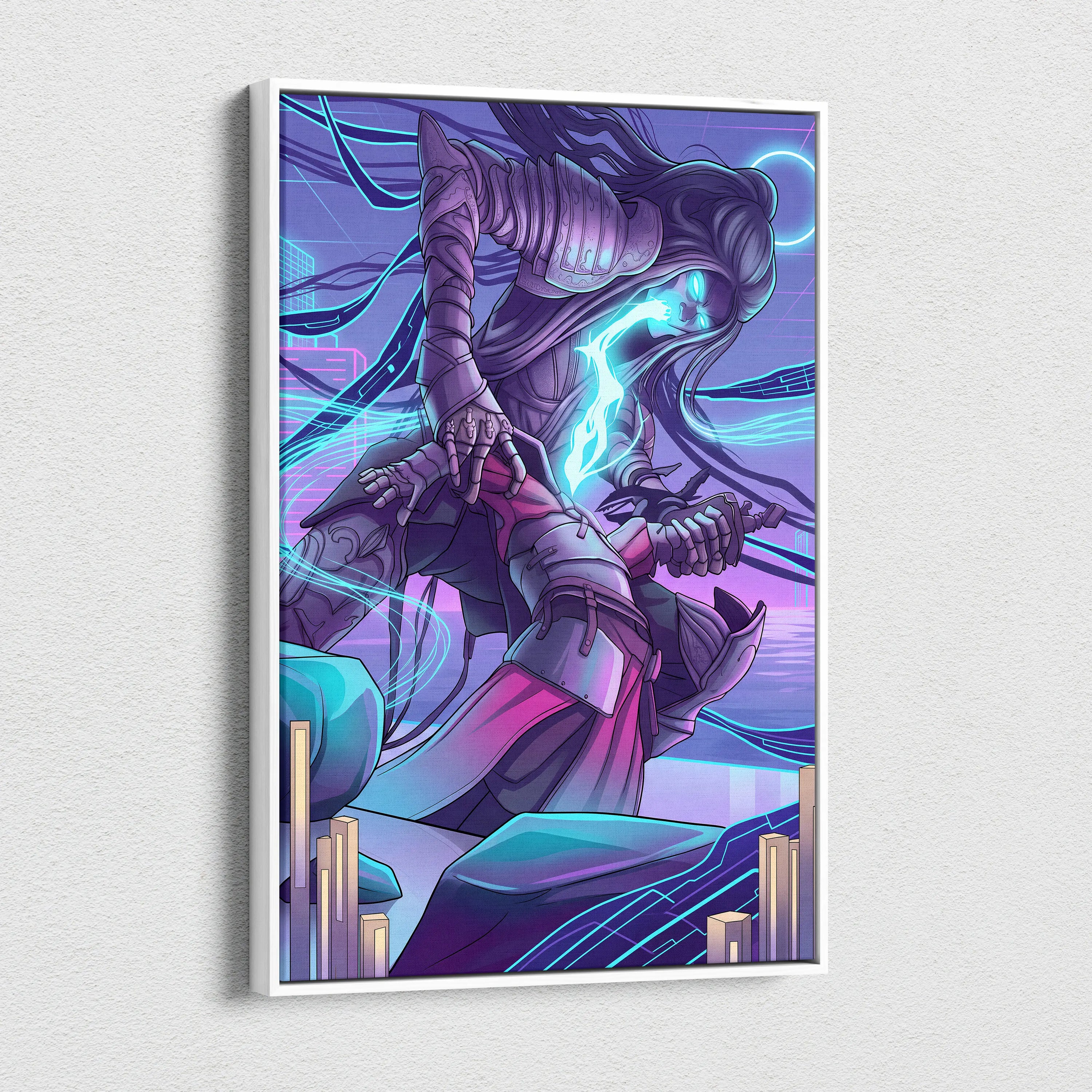 Vaporwave Neon Warrior Canvas - Vaporwave Neon Warrior Purple Cyan Living Room Decor Moody Neon Grid Canvas