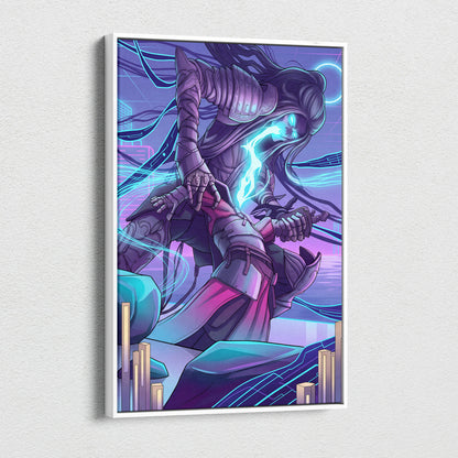 Vaporwave Neon Warrior Canvas - Vaporwave Neon Warrior Purple Cyan Living Room Decor Moody Neon Grid Canvas