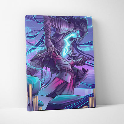 Vaporwave Neon Warrior Canvas - Vaporwave Neon Warrior Purple Cyan Living Room Decor Moody Neon Grid Canvas