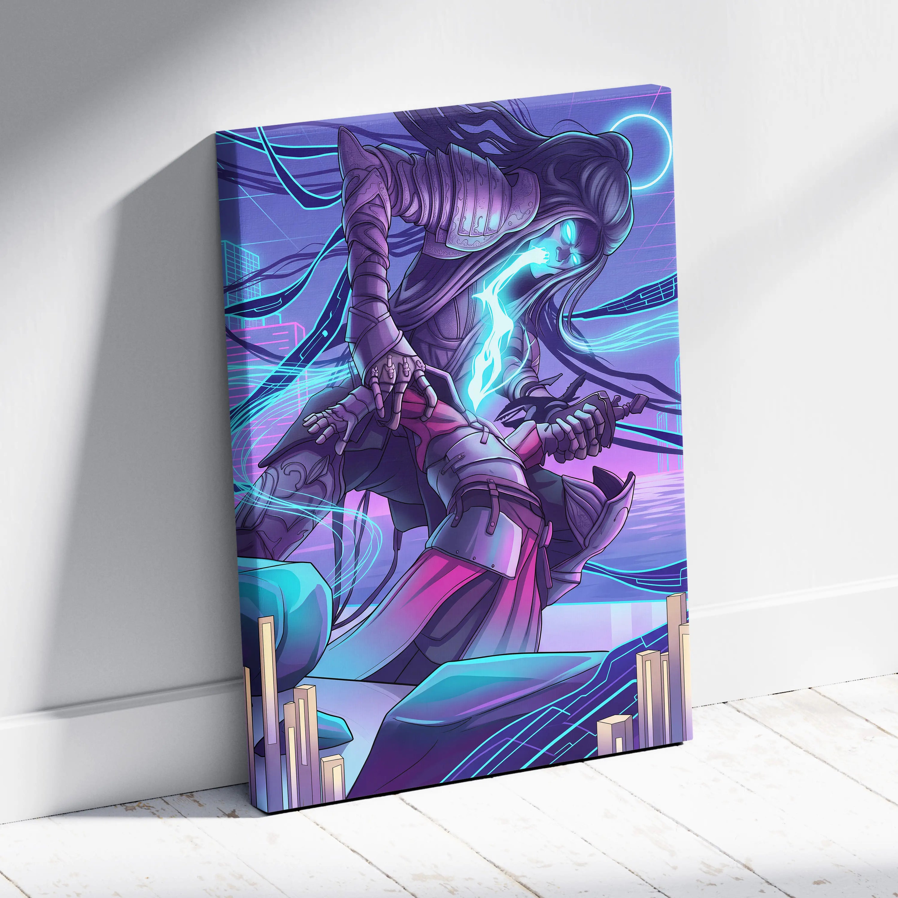 Vaporwave Neon Warrior Canvas - Vaporwave Neon Warrior Purple Cyan Living Room Decor Moody Neon Grid Canvas