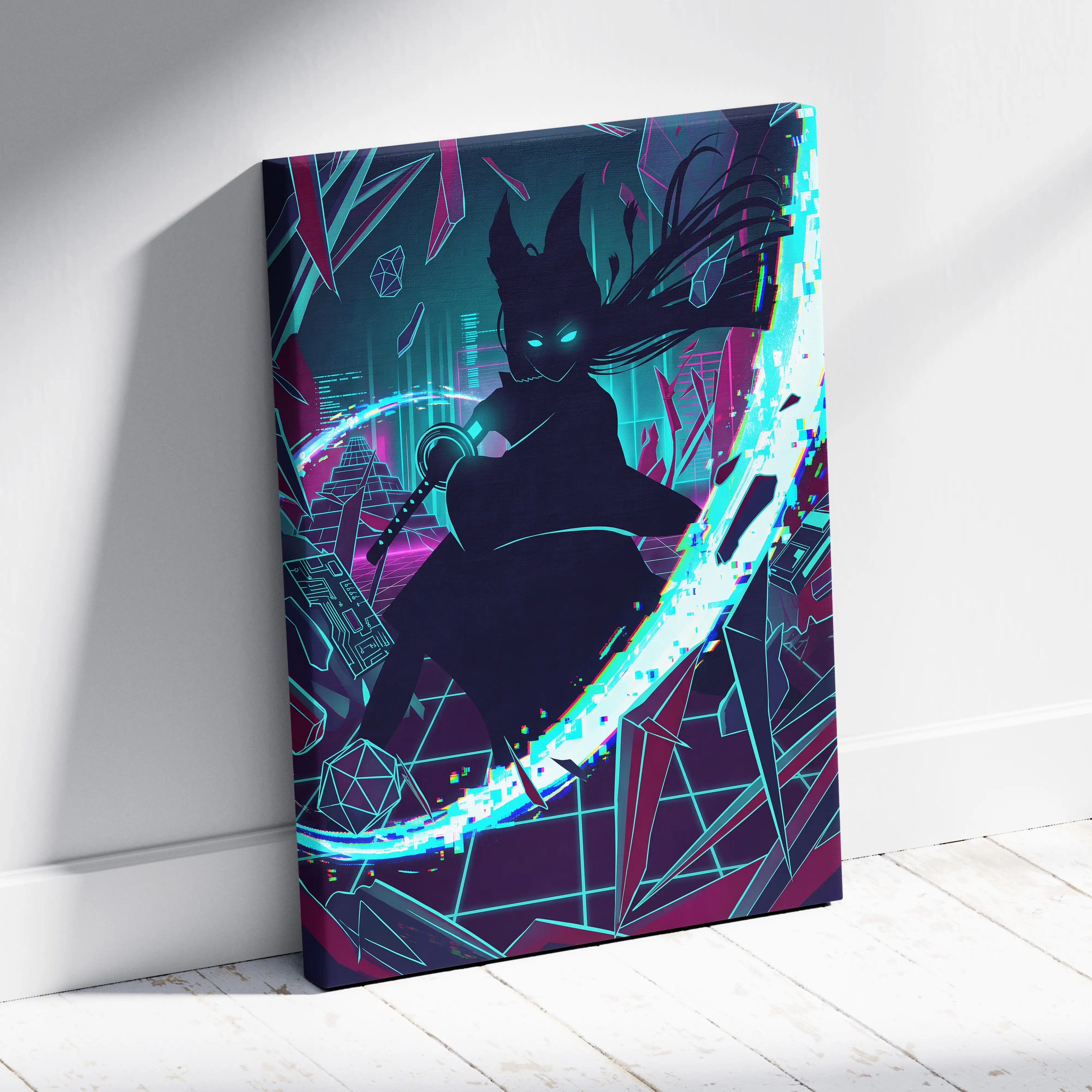 Vaporwave Neon Noir Canvas - Vaporwave Silhouette Neon Teal Magenta Living Room Retrofuture Neon Glitch Poster Canvas