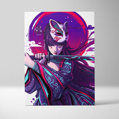Vaporwave Neon Fox Portrait Canvas - Fox Portrait, Purple Neon, Living Room, Vaporwave Mood Dreamy; Arcade Art Canvas
