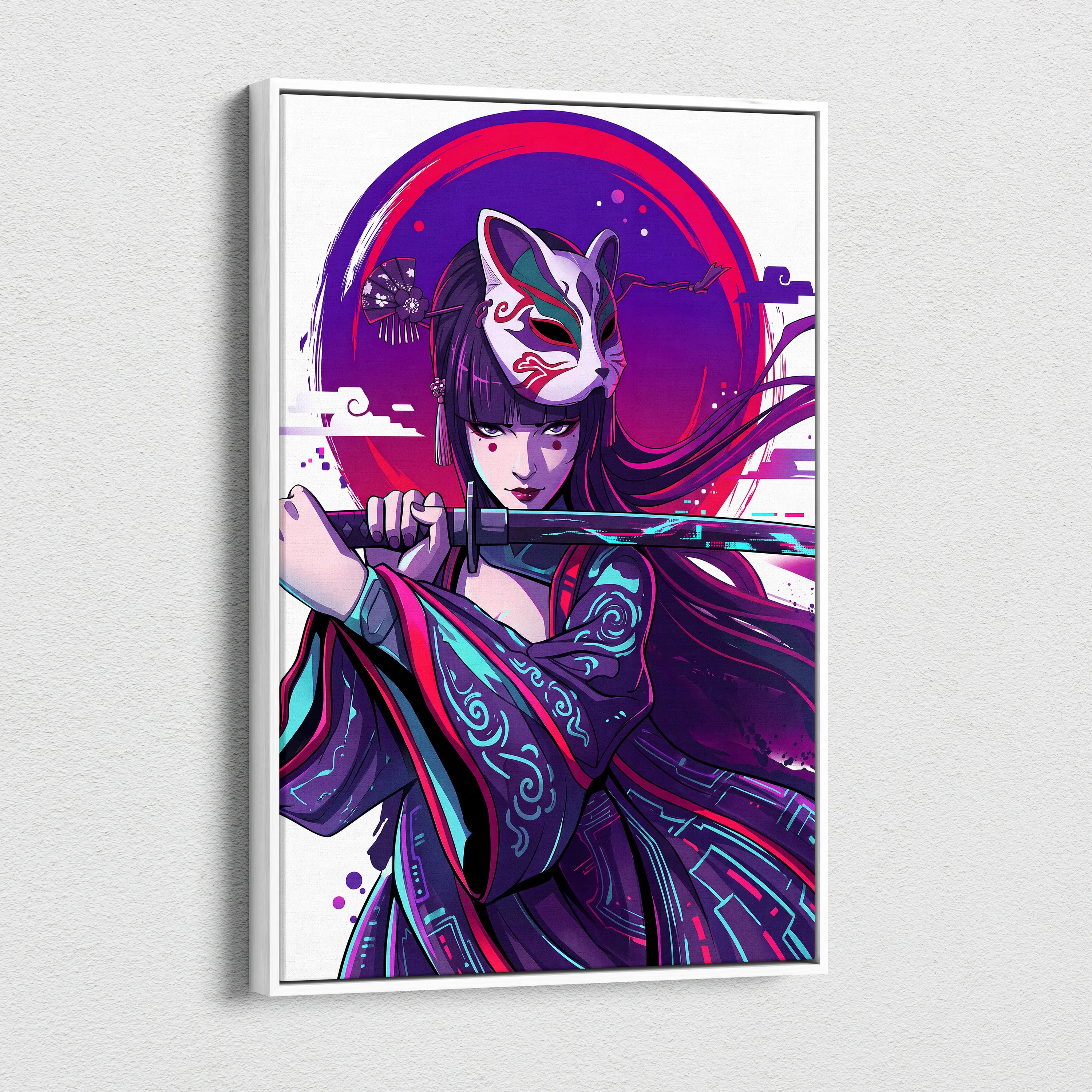 Vaporwave Neon Fox Portrait Canvas - Fox Portrait, Purple Neon, Living Room, Vaporwave Mood Dreamy; Arcade Art Canvas