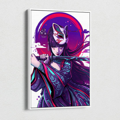 Vaporwave Neon Fox Portrait Canvas - Fox Portrait, Purple Neon, Living Room, Vaporwave Mood Dreamy; Arcade Art Canvas