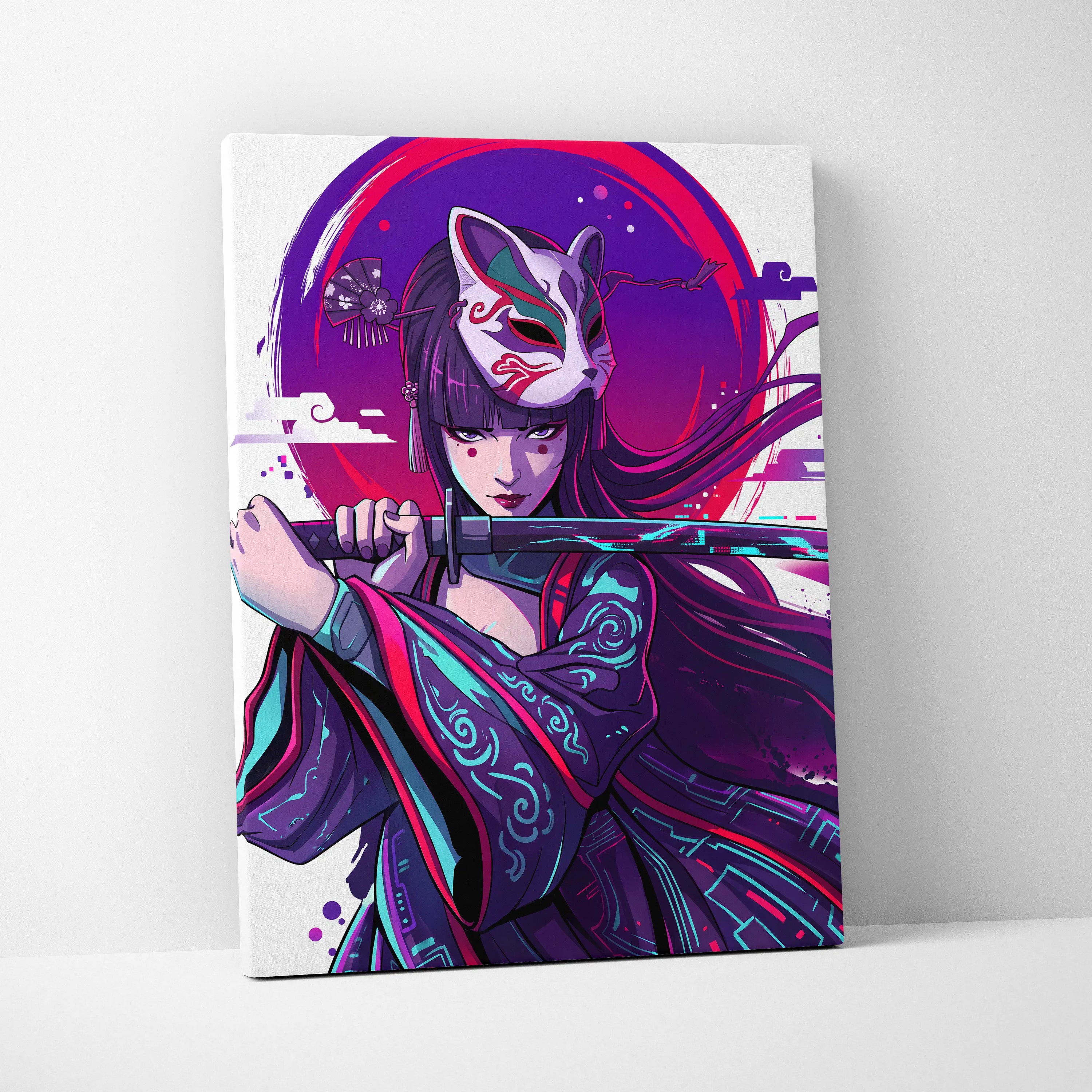 Vaporwave Neon Fox Portrait Canvas - Fox Portrait, Purple Neon, Living Room, Vaporwave Mood Dreamy; Arcade Art Canvas