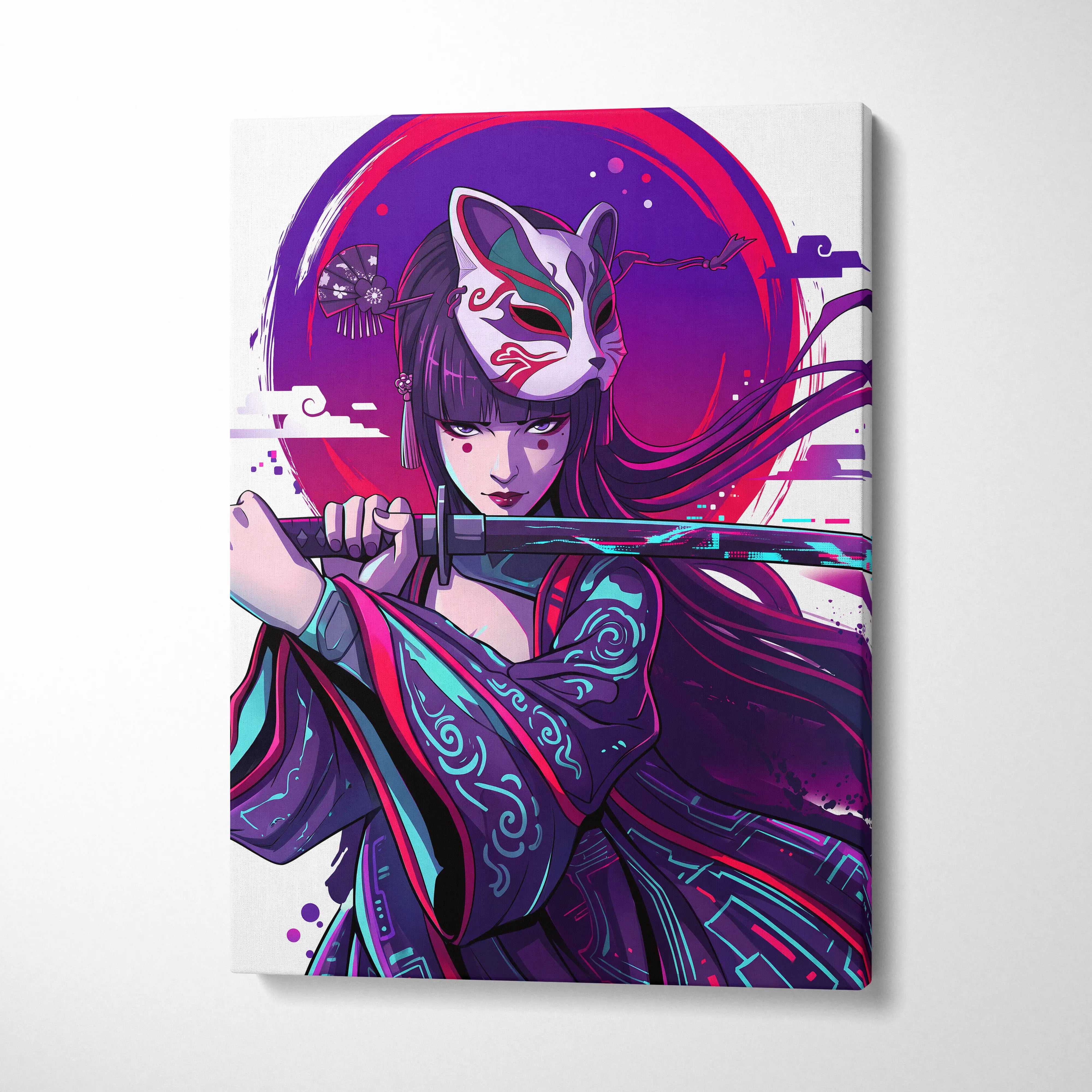Vaporwave Neon Fox Portrait Canvas - Fox Portrait, Purple Neon, Living Room, Vaporwave Mood Dreamy; Arcade Art Canvas