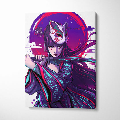 Vaporwave Neon Fox Portrait Canvas - Fox Portrait, Purple Neon, Living Room, Vaporwave Mood Dreamy; Arcade Art Canvas