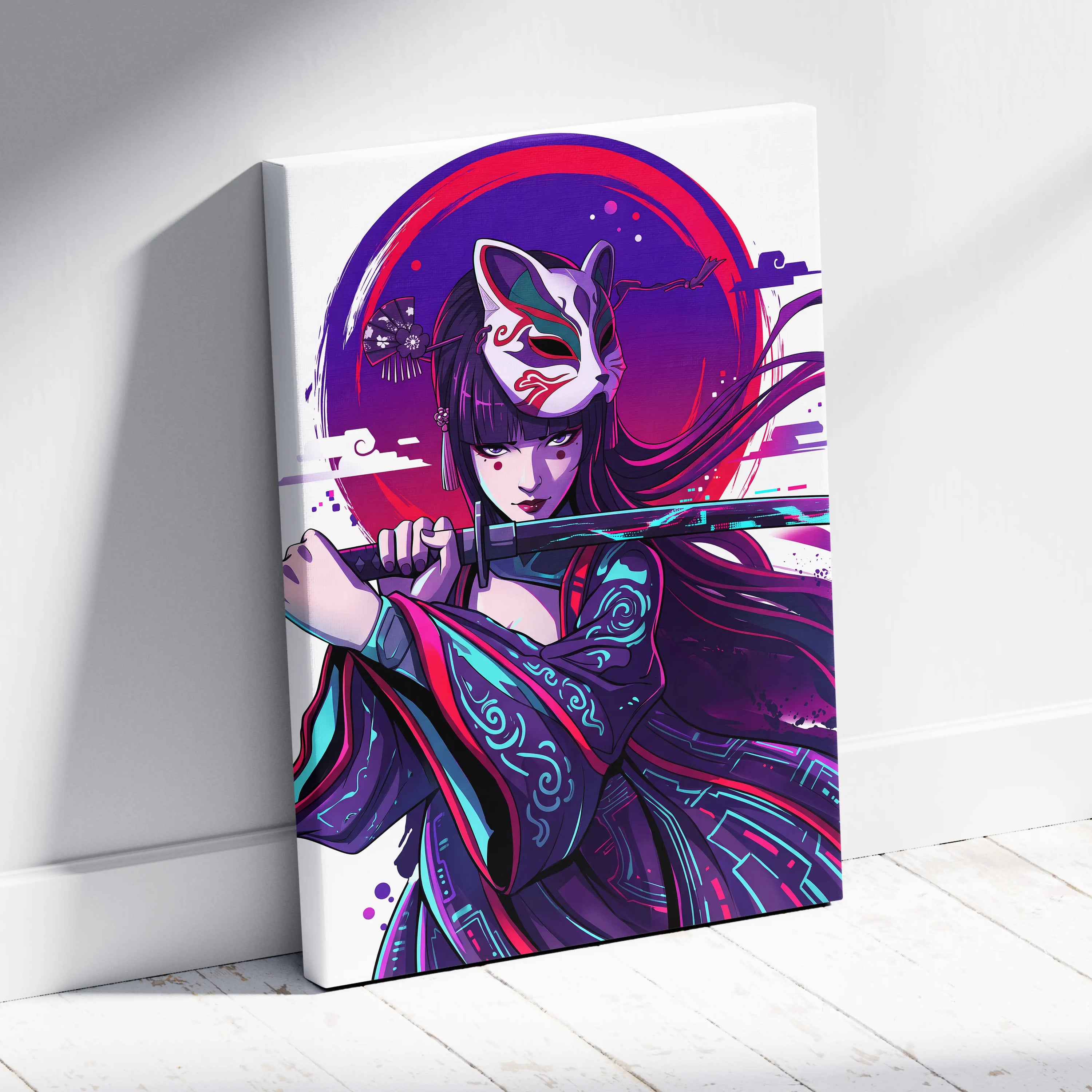 Vaporwave Neon Fox Portrait Canvas - Fox Portrait, Purple Neon, Living Room, Vaporwave Mood Dreamy; Arcade Art Canvas