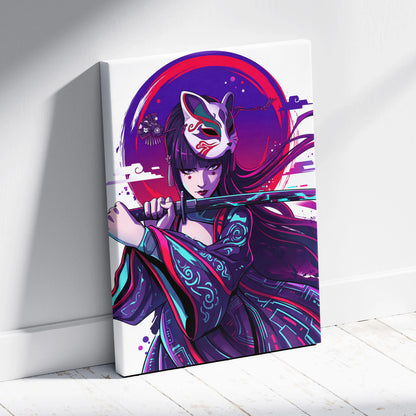 Vaporwave Neon Fox Portrait Canvas - Fox Portrait, Purple Neon, Living Room, Vaporwave Mood Dreamy; Arcade Art Canvas