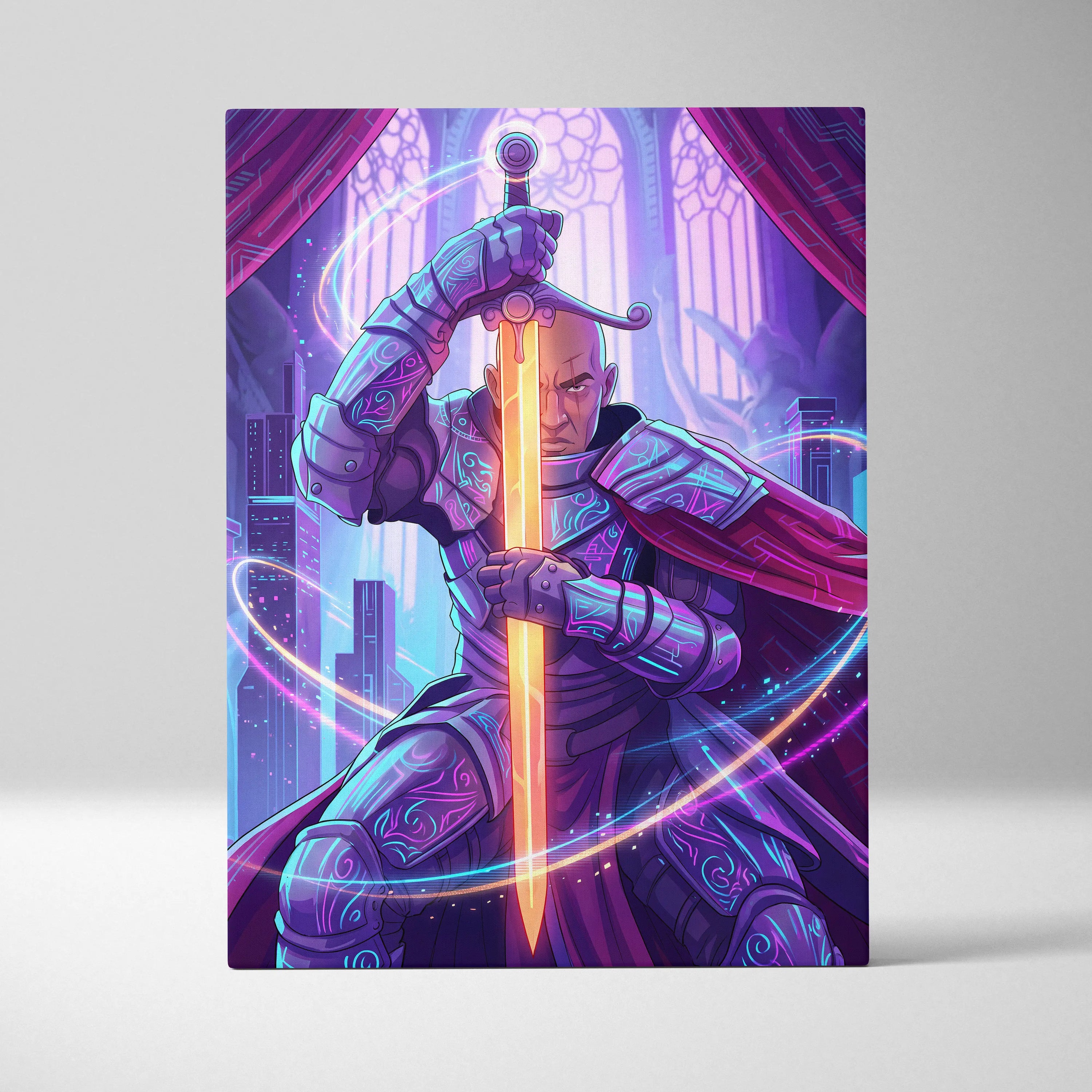 Vaporwave Knight Neon Canvas - Knight Neon Purple Pink Blue Living Room Vaporwave Art Moody Retro-Futurism Neon Aesthetic Canvas Print