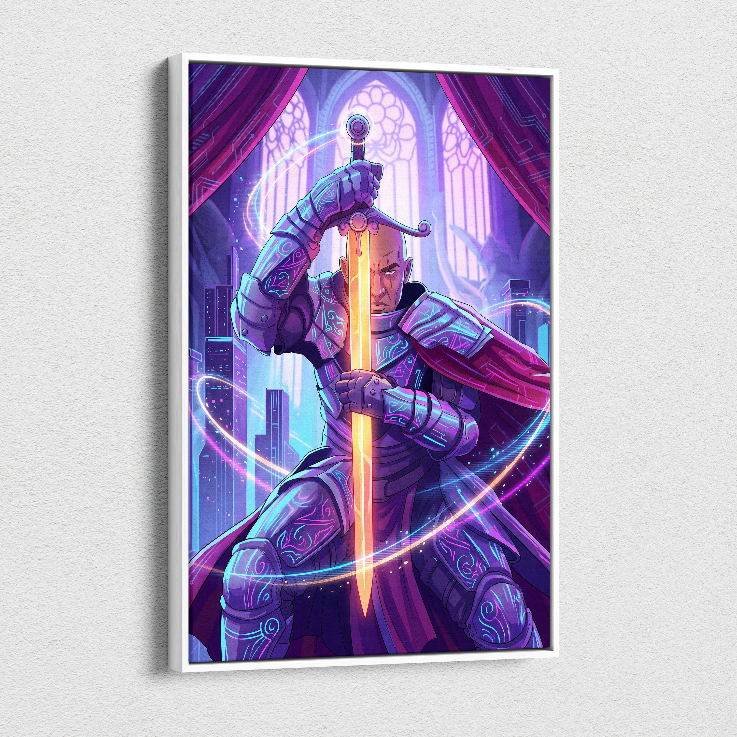 Vaporwave Knight Neon Canvas - Knight Neon Purple Pink Blue Living Room Vaporwave Art Moody Retro-Futurism Neon Aesthetic Canvas Print