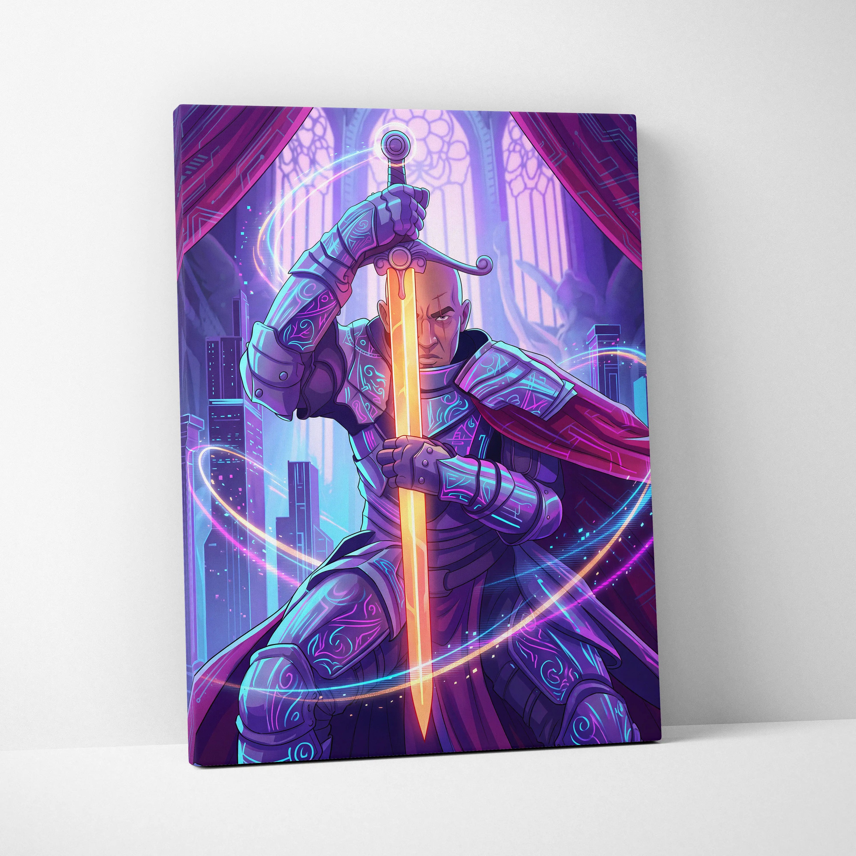 Vaporwave Knight Neon Canvas - Knight Neon Purple Pink Blue Living Room Vaporwave Art Moody Retro-Futurism Neon Aesthetic Canvas Print