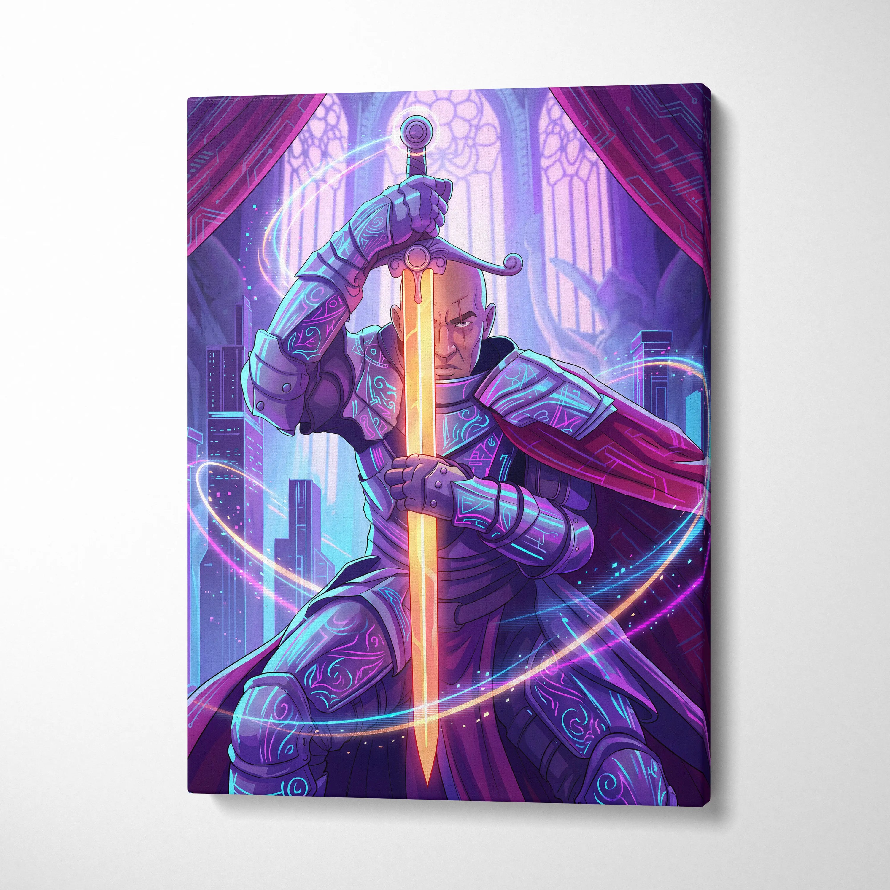 Vaporwave Knight Neon Canvas - Knight Neon Purple Pink Blue Living Room Vaporwave Art Moody Retro-Futurism Neon Aesthetic Canvas Print