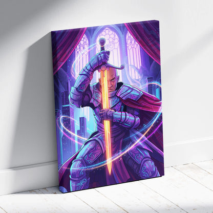 Vaporwave Knight Neon Canvas - Knight Neon Purple Pink Blue Living Room Vaporwave Art Moody Retro-Futurism Neon Aesthetic Canvas Print