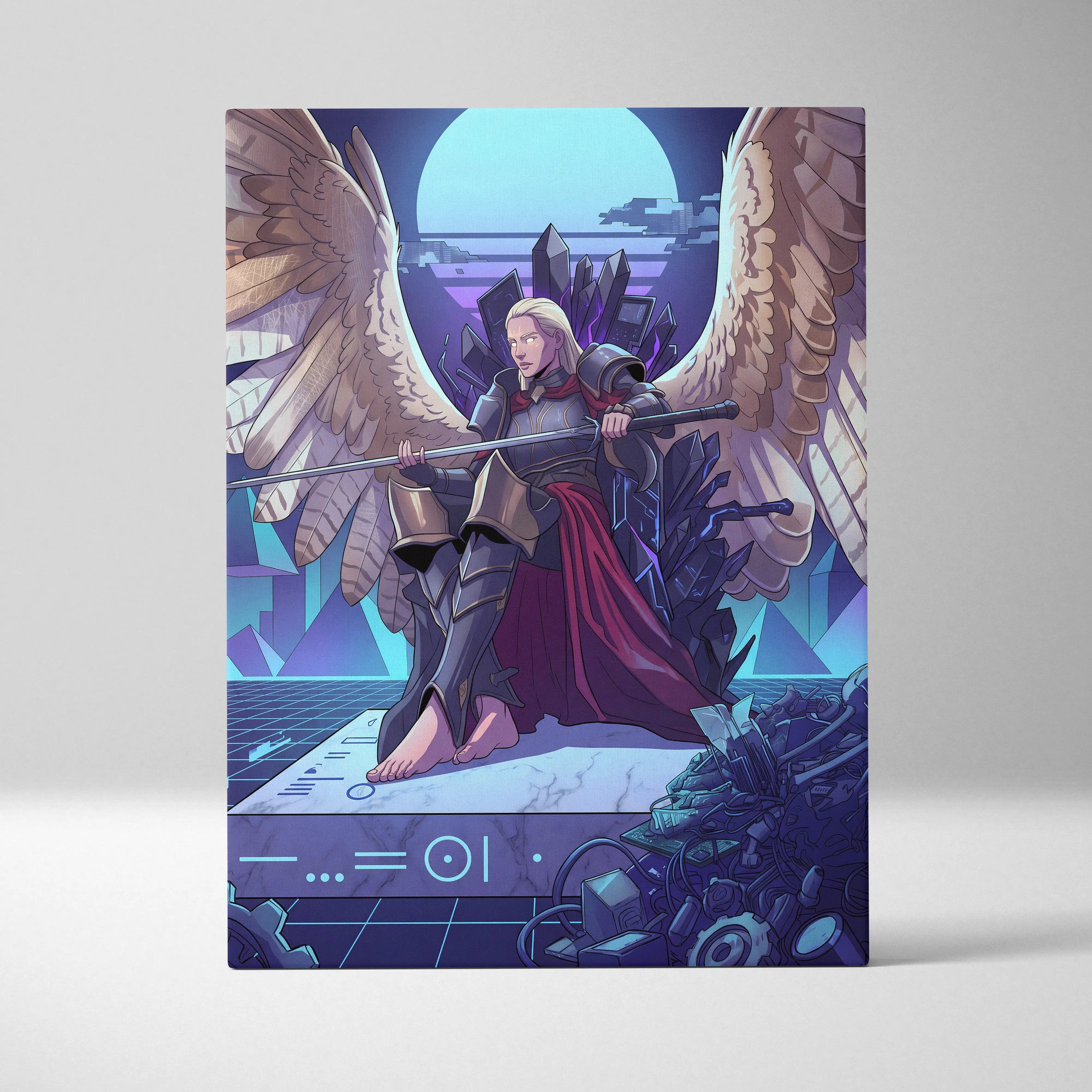 Vaporwave Wings Neon Canvas - Winged Warrior Neon Blues Purples Living Room Mystical Mood Vaporwave Neon Wall Canvas