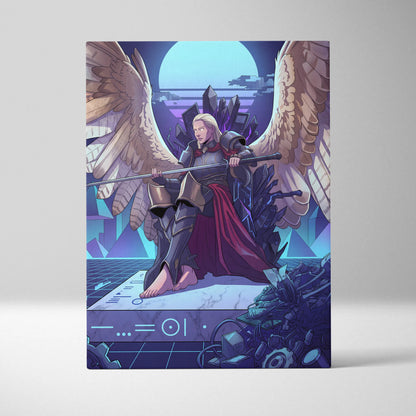 Vaporwave Wings Neon Canvas - Winged Warrior Neon Blues Purples Living Room Mystical Mood Vaporwave Neon Wall Canvas