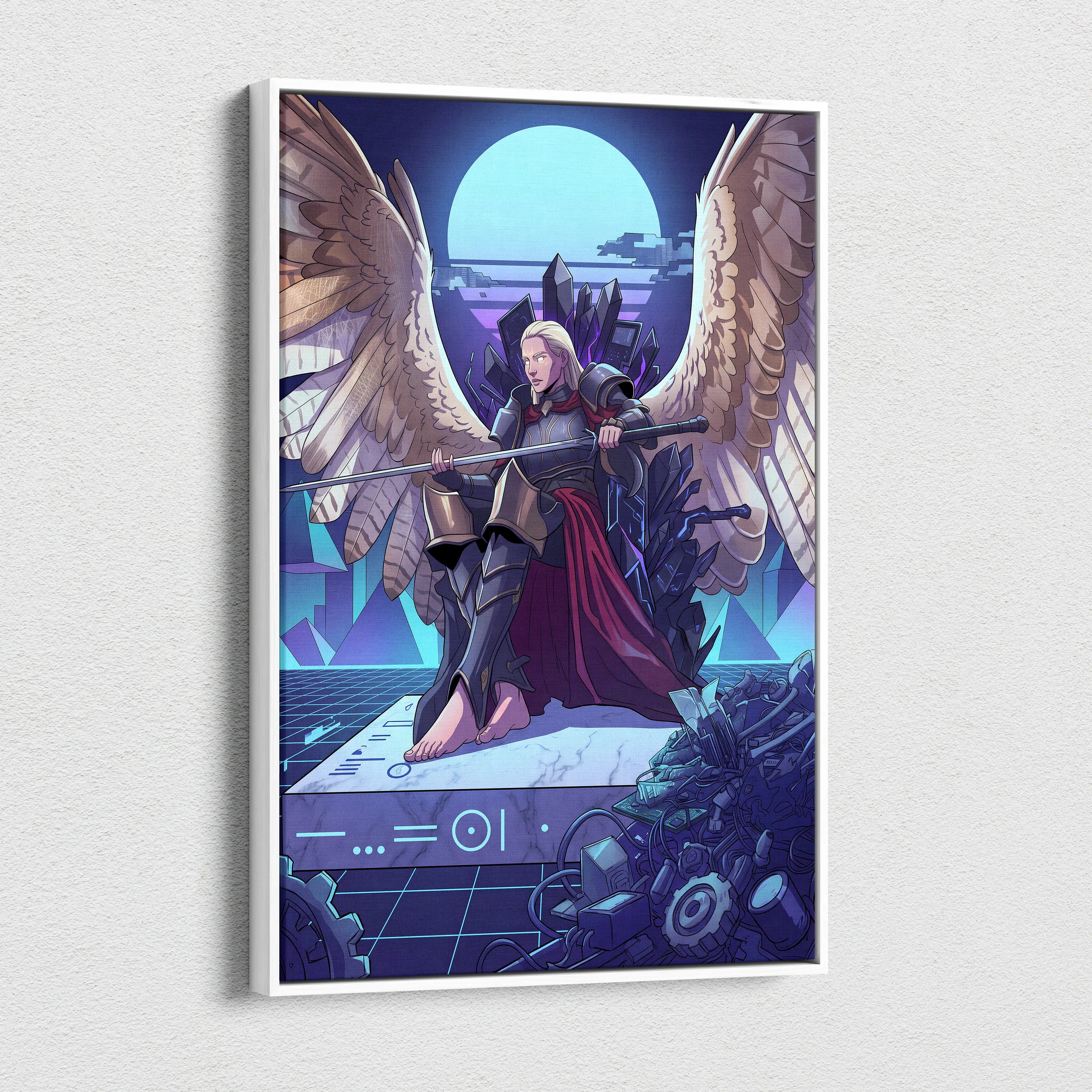 Vaporwave Wings Neon Canvas - Winged Warrior Neon Blues Purples Living Room Mystical Mood Vaporwave Neon Wall Canvas