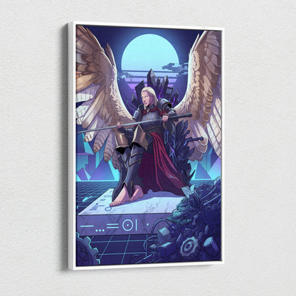 Vaporwave Wings Neon Canvas - Winged Warrior Neon Blues Purples Living Room Mystical Mood Vaporwave Neon Wall Canvas