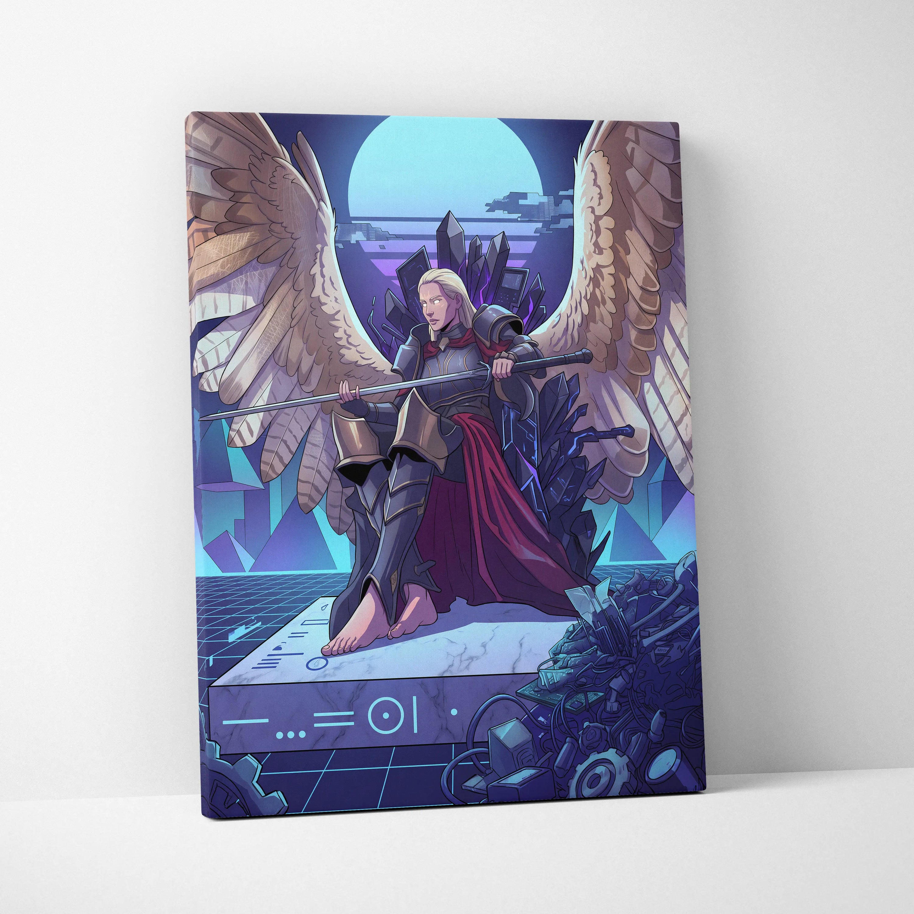 Vaporwave Wings Neon Canvas - Winged Warrior Neon Blues Purples Living Room Mystical Mood Vaporwave Neon Wall Canvas