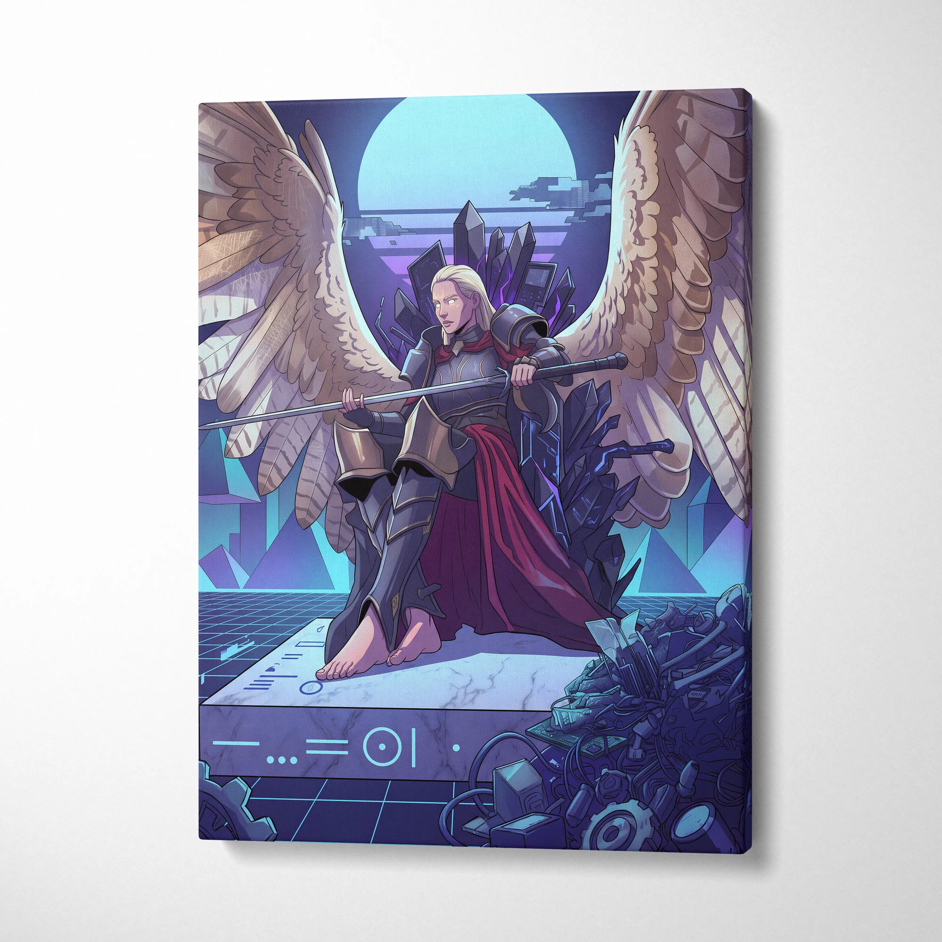 Vaporwave Wings Neon Canvas - Winged Warrior Neon Blues Purples Living Room Mystical Mood Vaporwave Neon Wall Canvas