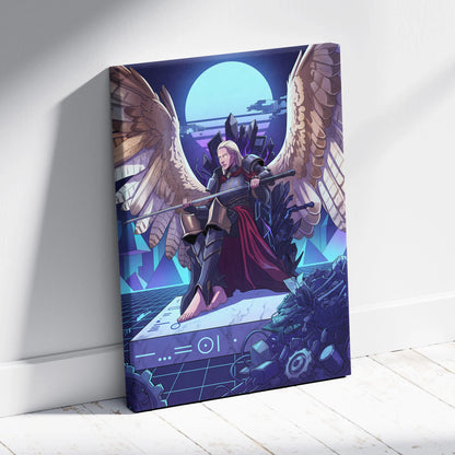 Vaporwave Wings Neon Canvas - Winged Warrior Neon Blues Purples Living Room Mystical Mood Vaporwave Neon Wall Canvas