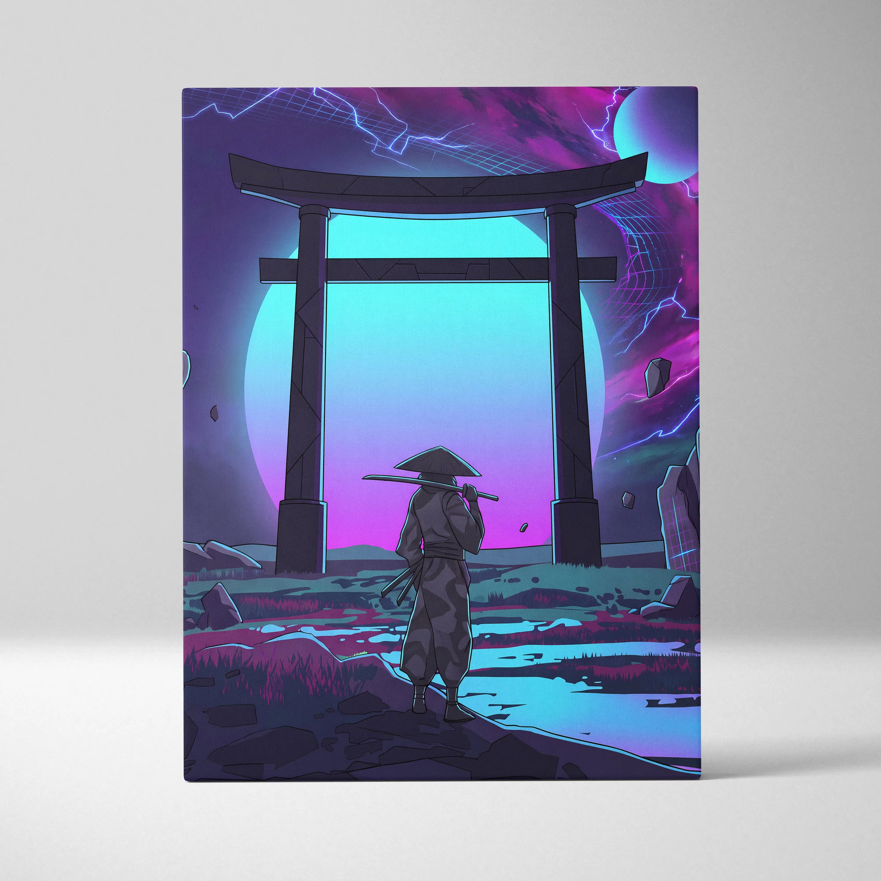 Vaporwave Torii Neon Dream - Torii Gate Neon Purple Blue Living Room Vaporwave Art Mood Dreamy Surreal Retro Futurism Wall Art Canvas Museum