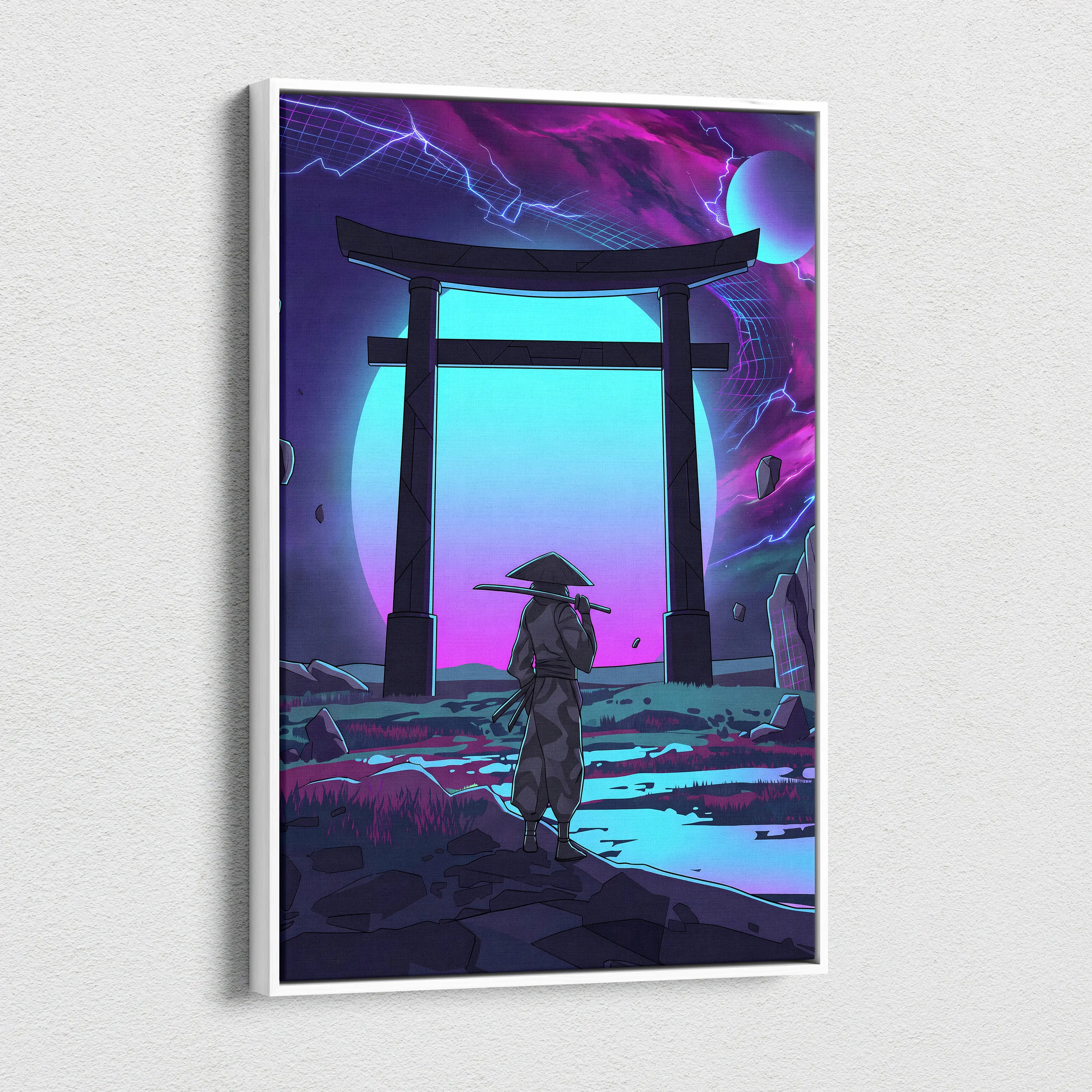 Vaporwave Torii Neon Dream - Torii Gate Neon Purple Blue Living Room Vaporwave Art Mood Dreamy Surreal Retro Futurism Wall Art Canvas Museum