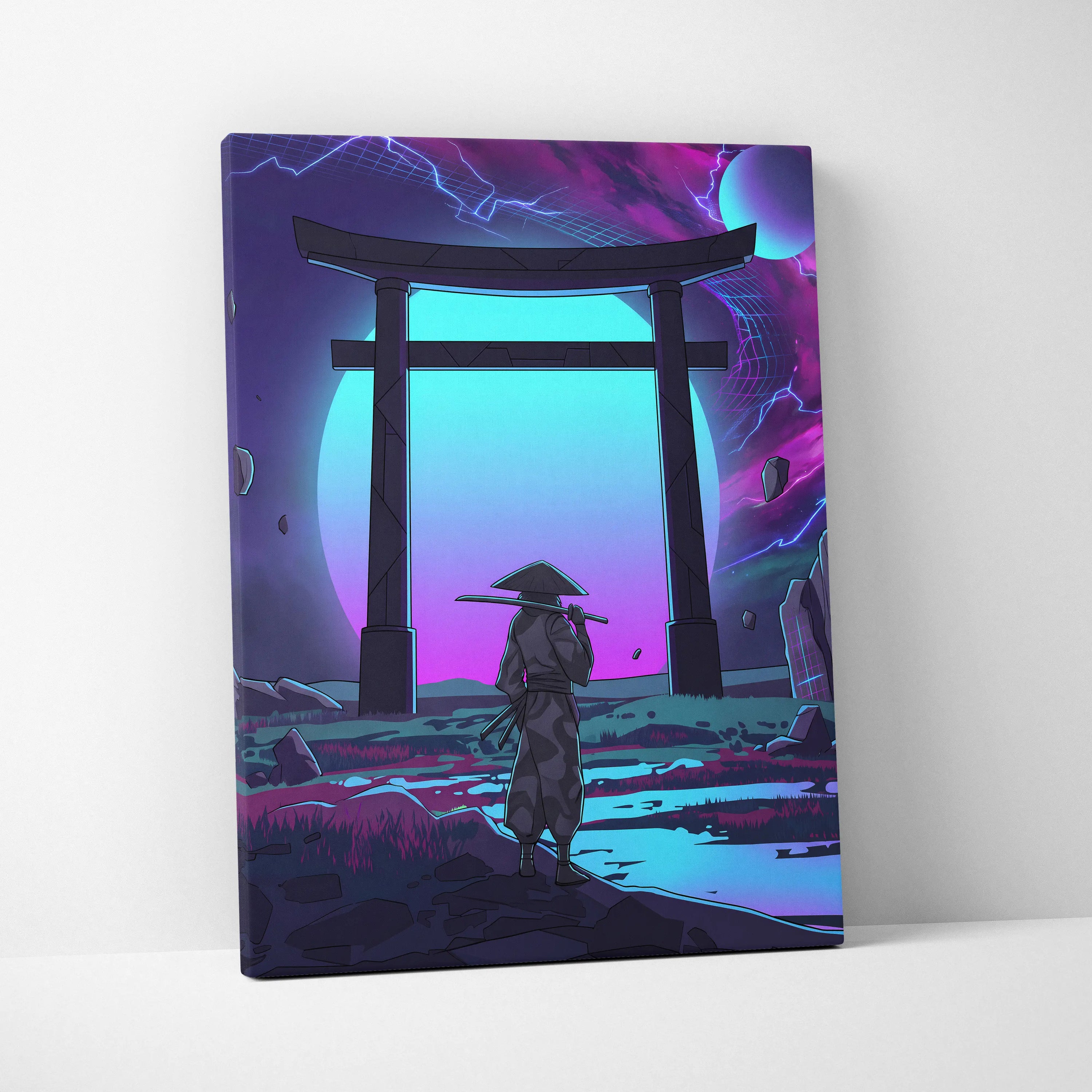Vaporwave Torii Neon Dream - Torii Gate Neon Purple Blue Living Room Vaporwave Art Mood Dreamy Surreal Retro Futurism Wall Art Canvas Museum