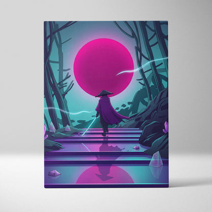 Vaporwave Neon Sunset Canvas - Mystic Figure Neon Pink Teal Living Room Vaporwave Dreamy Retro Futurism Neon Wall Art Canvas